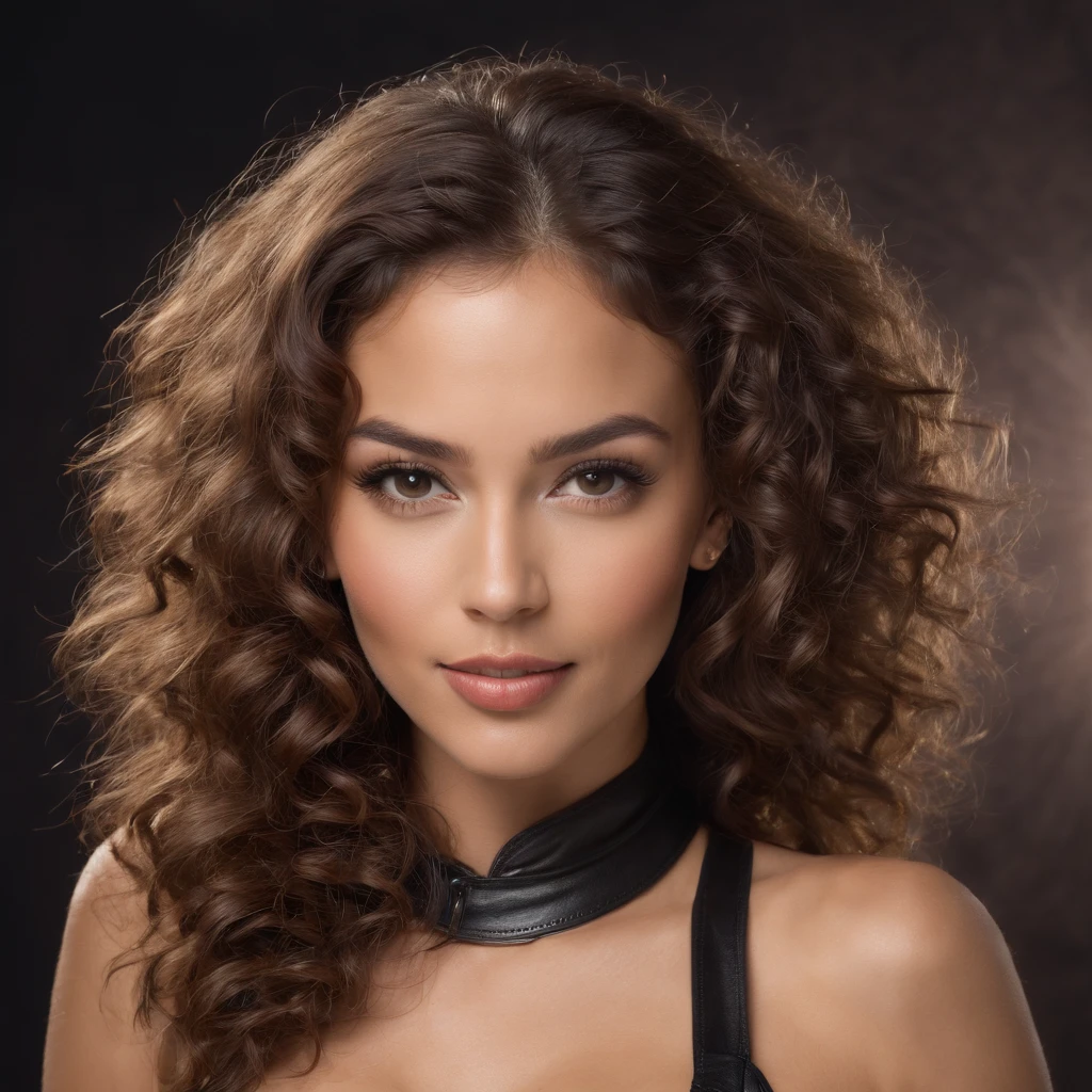 23-year-old woman with tanned skin and leather outfit, (seductive look and voluminous curly hair and happy expression in sensual pose, in einer Disko), full entire body, Fokus auf Lederoutfit, Perfect skin and tan, Sonneneinstrahlung, Geringe Verschattung, Zartes Gesicht, goldene Haut( Realist, vibrierend, sinnlich, Brennpunkt, scharf) (Leder), braune Locken, sexy
