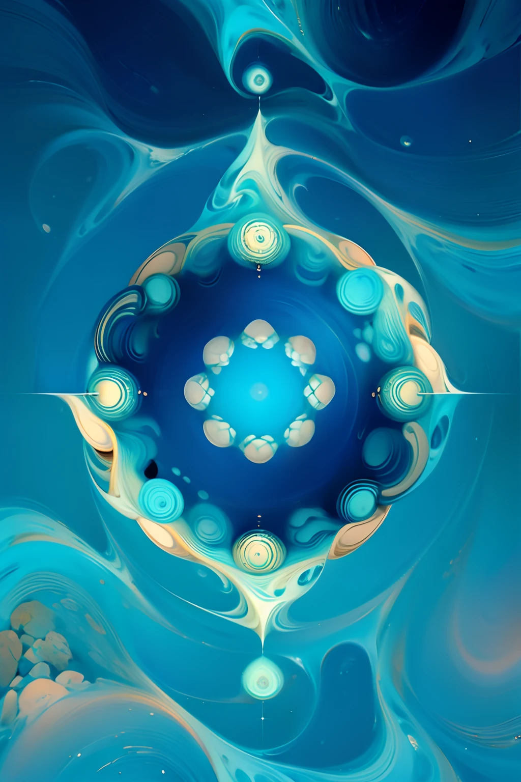 A round ornamental four pointed mandala made of a swirling, whirlpool of splashing blue ocean water, surrounded by rocks.