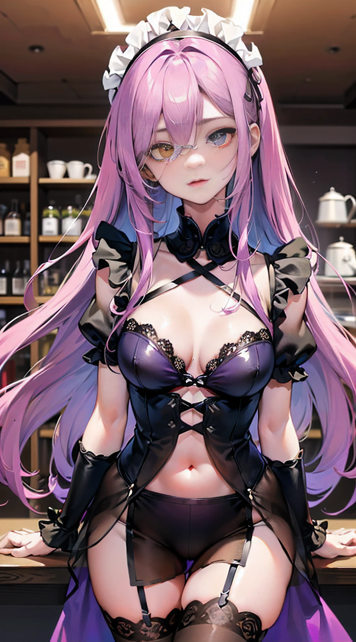 (Medium breasts), (The iris left heterochromia eye color is only purple) (Right heterochromic iridium eye color only red) (The iris is only red and purple),(Detailed eyes) , ( The right eye is a purple iris) ,(Redness of the iris of the left eye) , Detailed, intricately details, Highly detailed, Extremely detailed, Realistic,( The color of the eyes is only red and purple), (The right eye is purple, The left eye is red), ,( The right iris has only purple) ,(The left iris is only red) (The right heterochromic iridium has only light red eye color :) (The iris left heterochromia eye color is only purple:) (The color of the left eye is purple):1.2 (The color of the right eye is red):1.2 (Very light lavender_Hair color:1.2) (The hair is very light lavender:1.2),(M-shaped bangs), Long_Hair,(bangs between eyes),(Very long hair),(Wavy hair), Depth_af_Field, mitts, Lace, lace-trimmed_legwear, lace-trimmed_Panties, Lace_Trim, Lingerie, Long_Bang, navel, , Panties, Solo, upper legs, Underwear Maid headdress, maid apronl, identical_Attire, navel, ,reverse_Maid suit, reverse_Outfit, Solo,bras_arms cuffs ((Cafe,cafe shop, ))