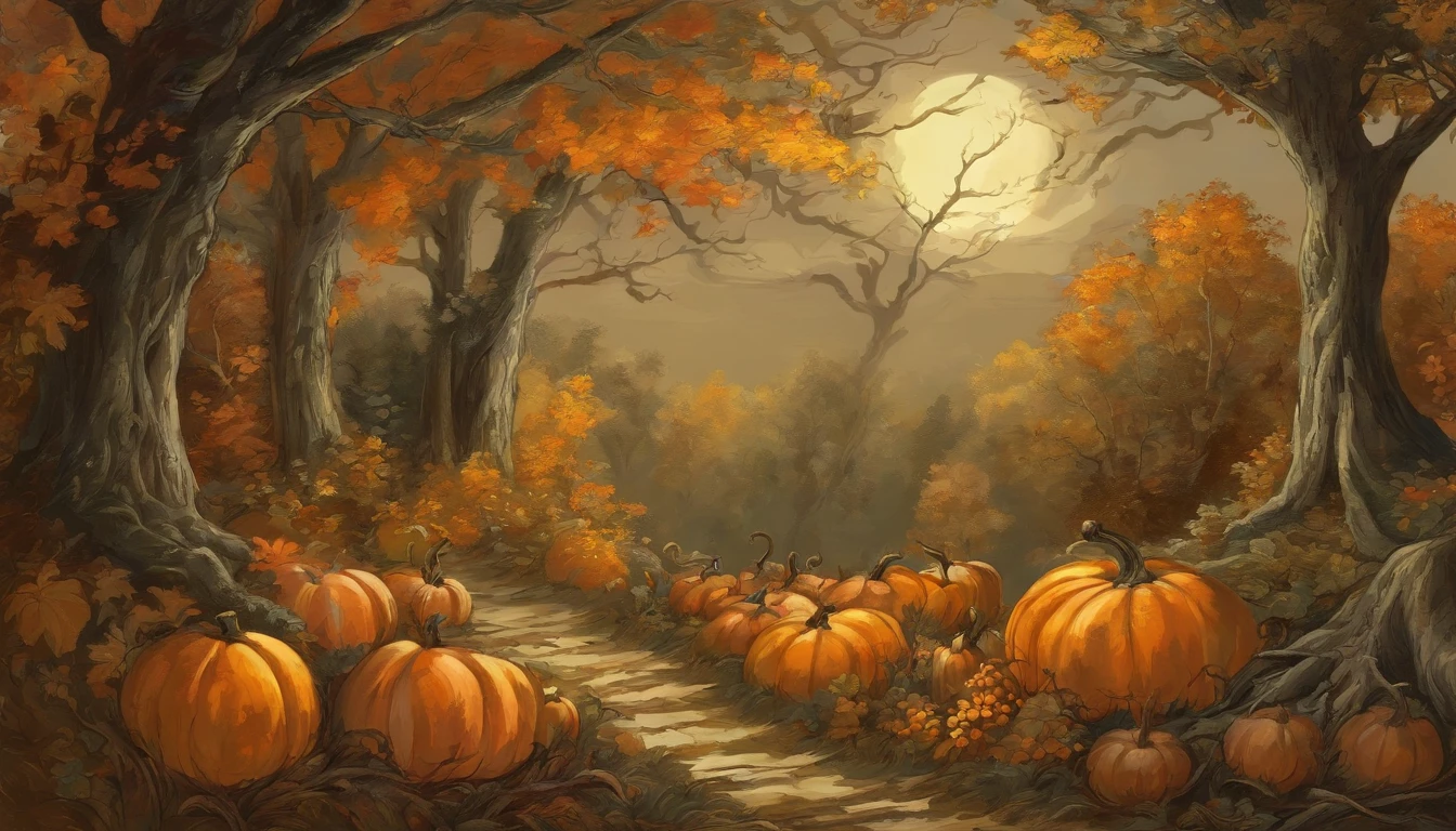 haunted forest, pathway through the tree, pumpkins on the ground, Moonlight through the trees, Asher Brown Durand, Camille Pissarro style --no frames, canvas