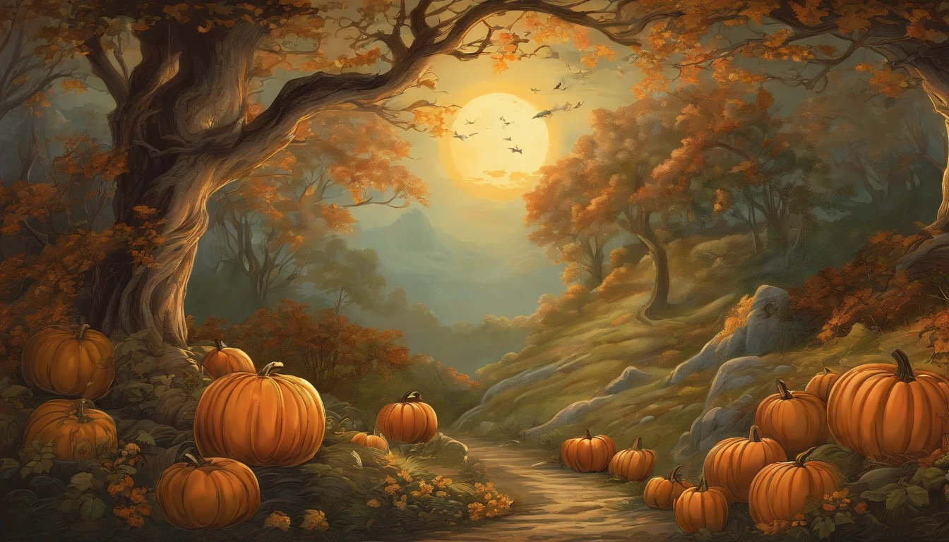 haunted forest, pathway through the tree, pumpkins on the ground, Moonlight through the trees, Asher Brown Durand, Camille Pissarro style --no frames, canvas