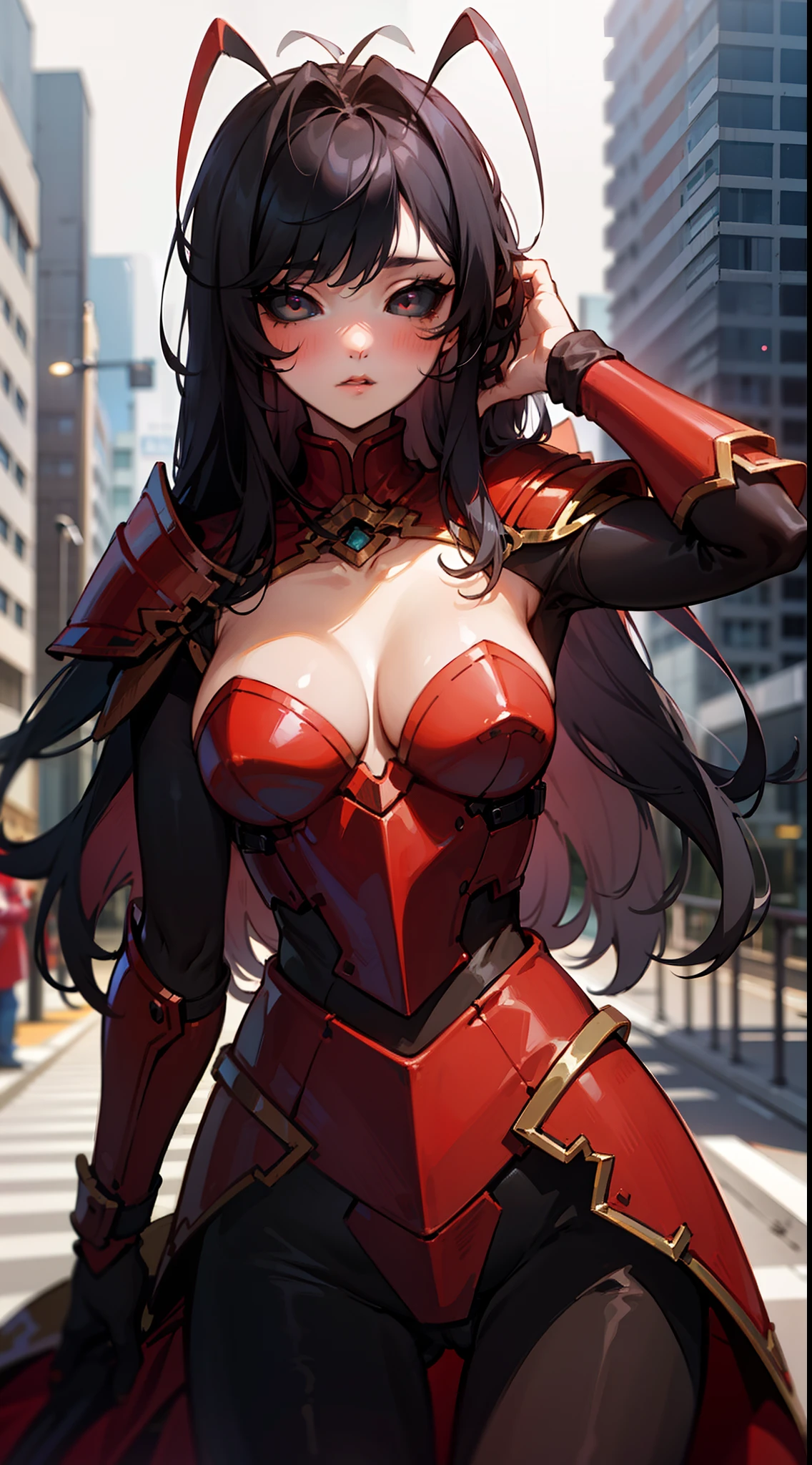 (Original Character,8k, Masterpiece, Best Quality,Detailed, Beautiful Detailed Eyes, solo),mature female,tall, fine skin,cleavage,blush,cowboy shot,black eyes,black sclera,black hair,long hair,(hair 2antennas),night in city,((red armor)),black pantyhose,