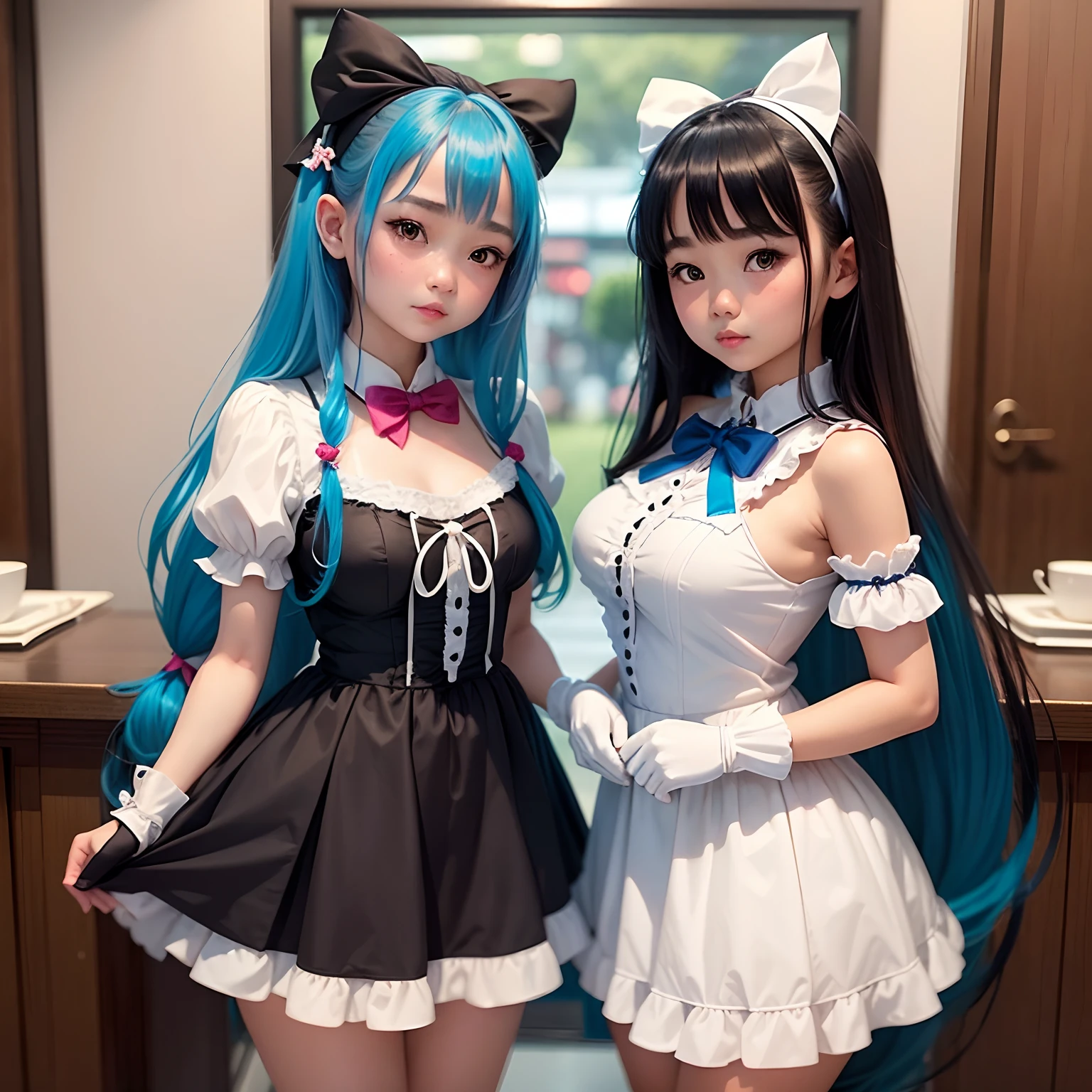 Floor-to-ceiling windows in the living room on the 180th floor of the Shanghai Tower door，Two little girls in openwork translucent stockings holding toys，Pout，Pink double-tailed hair and cyan eyes，Anime little girl in servant costume