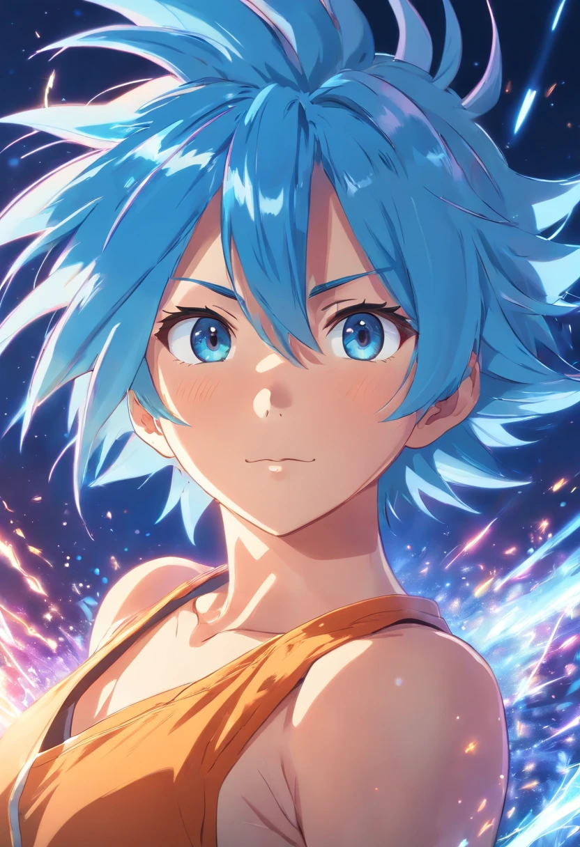 (best quality,4k,8k,highres:1.2),Goku,shirtless,blue hair,anime style,fierce gaze,blue tinted background,sparkles and rays emanating from the character,vibrant colors,60 fps