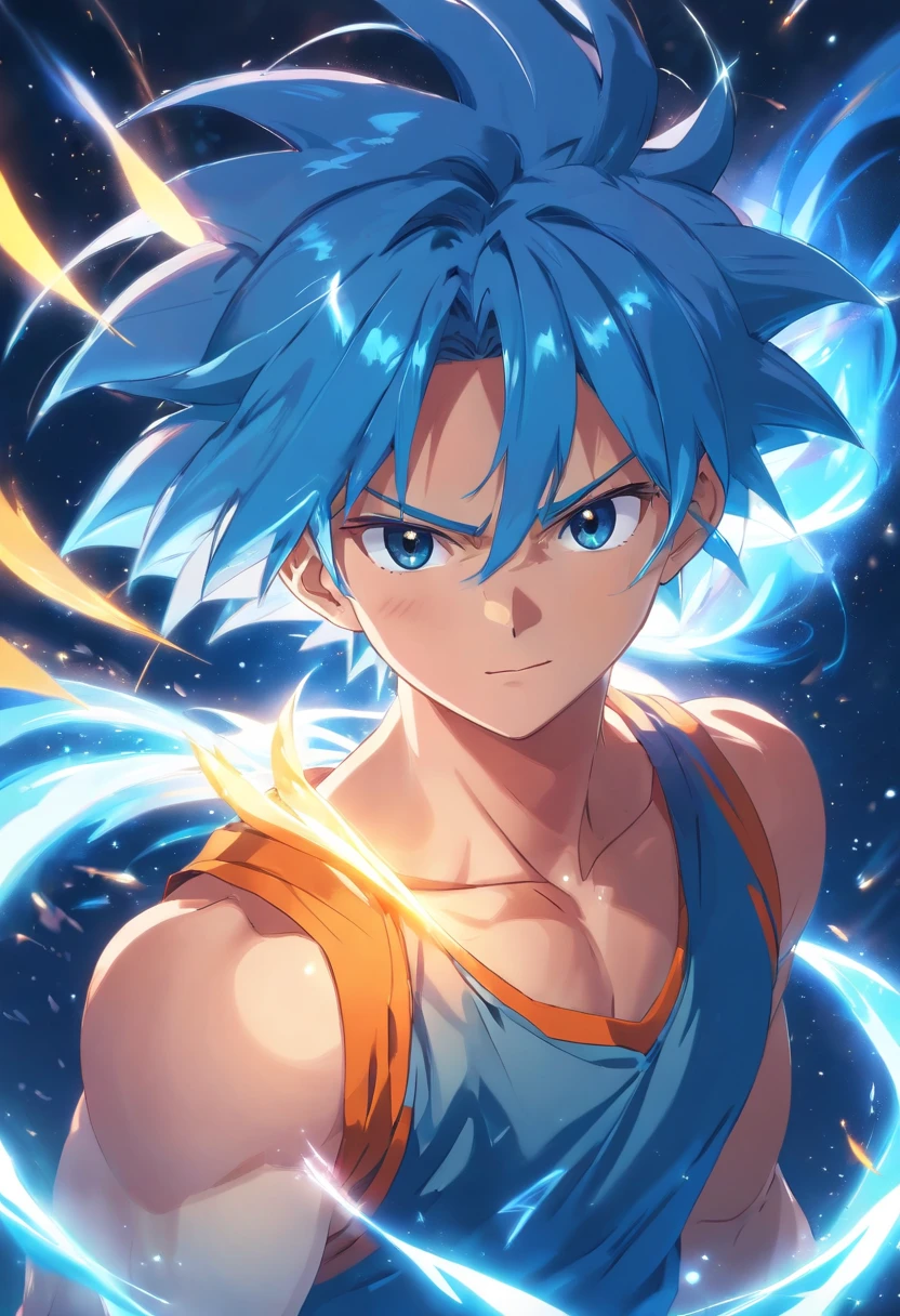 (best quality,4k,8k,highres:1.2),Goku,shirtless,blue hair,anime style,fierce gaze,blue tinted background,sparkles and rays emanating from the character,vibrant colors,60 fps