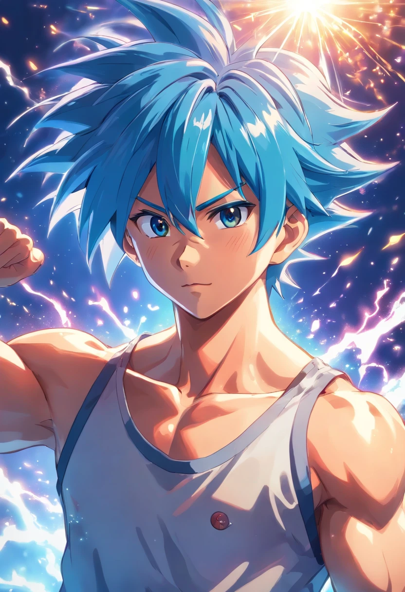 (best quality,4k,8k,highres:1.2),Goku,shirtless,blue hair,anime style,fierce gaze,blue tinted background,sparkles and rays emanating from the character,vibrant colors,60 fps