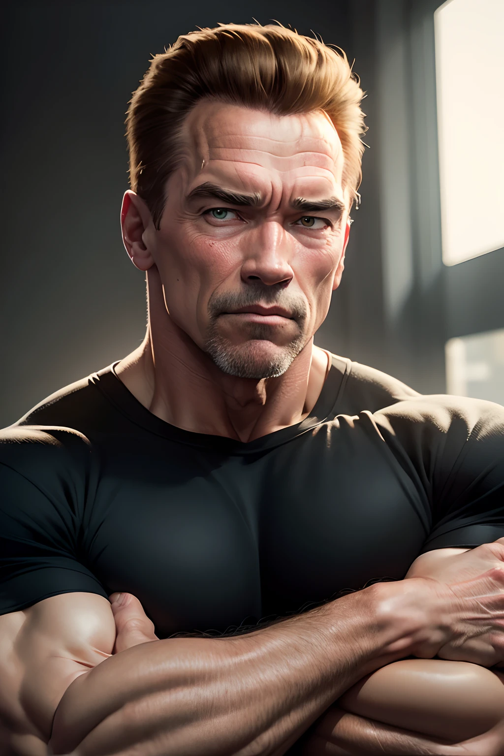 Arnold Schwarzenegger, short hair, strong shirt, with his hand on chin, thoughtful, with a doubtful face;