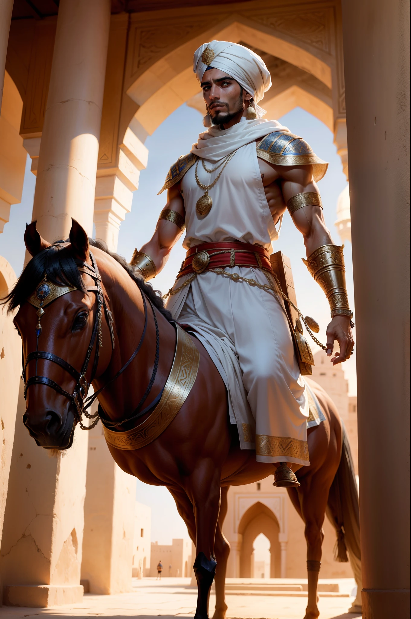 A Moroccan Arab prince in a Moroccan turban dressed as a warrior in authentic Moroccan architecture