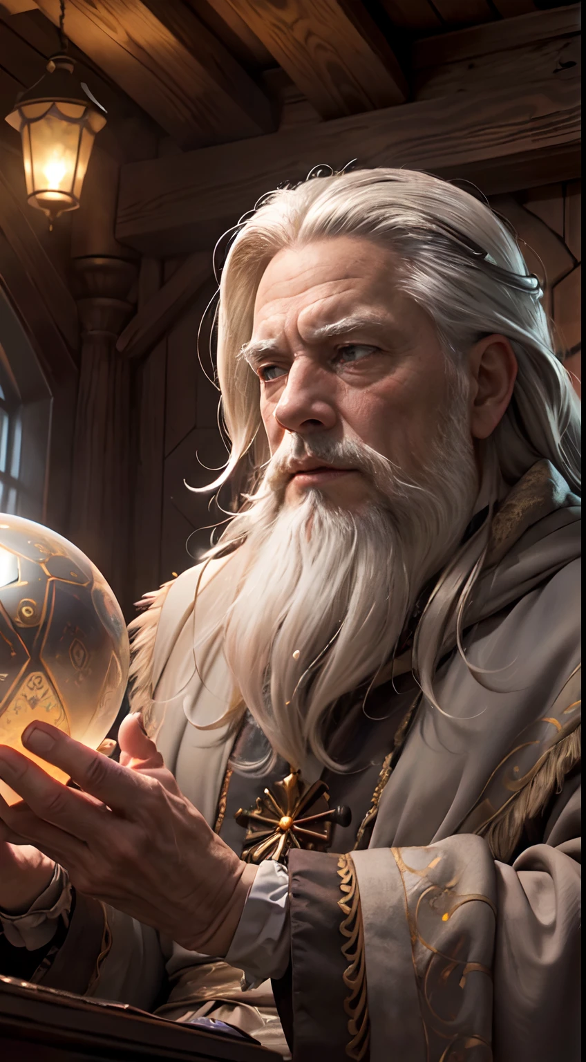 (masutepiece:1.2), (Best Quality), Detailed, nffsw, Cinematic lighting, Sharp Focus, (Illustration:1.1), Convoluted, A very old wizard with long white hair and a beard, Wrinkled face, Wearing a wizard's gray cloak, Contemplate the big crystal ball, In a dimly lit room, Magician's Room, glowing lights, Flickering lights,