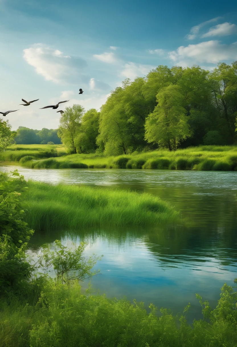 green nature, blue sky, wind, birds flying, river reflecting the scenary, image in 2560 x 1440 pixel format, green