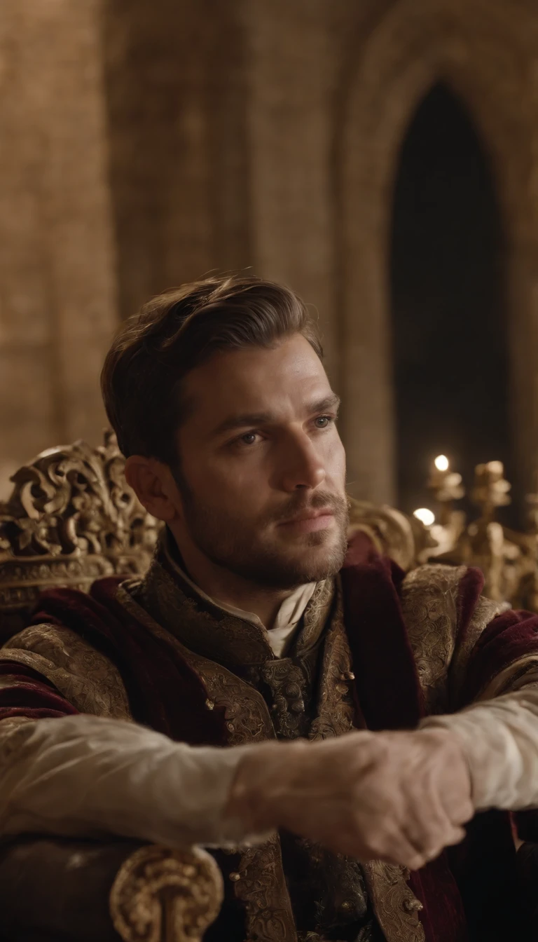 um close up de um homem em uma coroa sentado em uma cadeira, 4k ainda, still cinematic, epic cinematic still, 4K cinematic still, quadro fixo, momento parado, ainda, still photograph, arte morta, Velho Rei Medieval, sentou-se em seu trono, Stillframe, fim ainda, descansando em seu trono, fantasia ainda filme, ainda filmado, Cor ainda