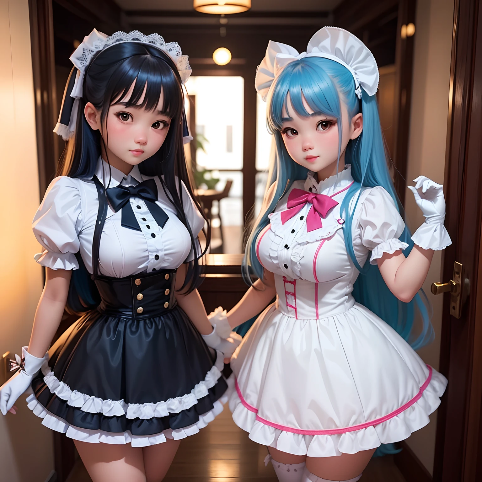 1girls, Cute Thai Girl, Lolita Girl, Photo stand, Facing each other., viewer look., Two-tailed long hair, Blue hair tie bow, Brown eyes, Lolita dress, full entire body, stand, White gloves, mediuml breasts,