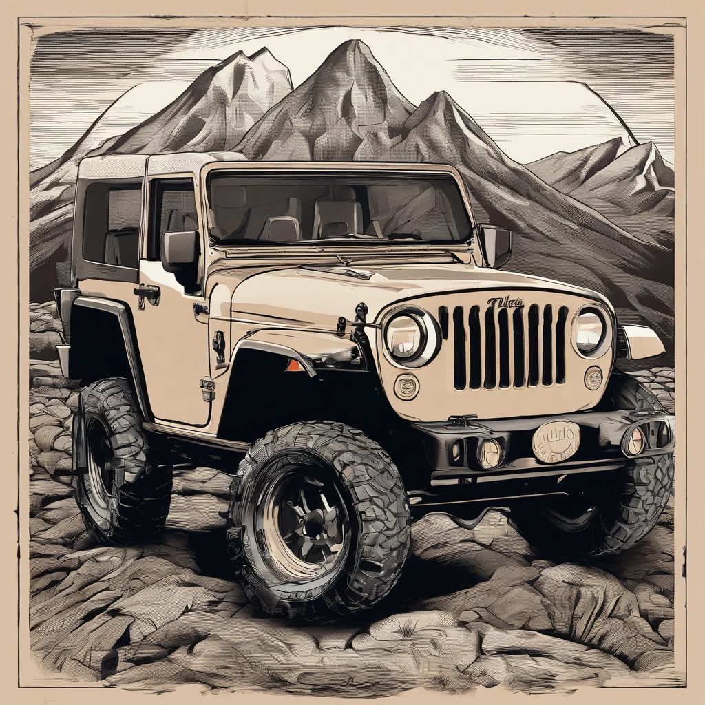 /imagine prompt: Design a off-road club page ROUND logo anime in the form of a jeep climbing a muddy mountain . Underneath it is written "TRILHOS AOS MONTES", in bold outline style, jagged edges, trashcore, light shading --v 5.2