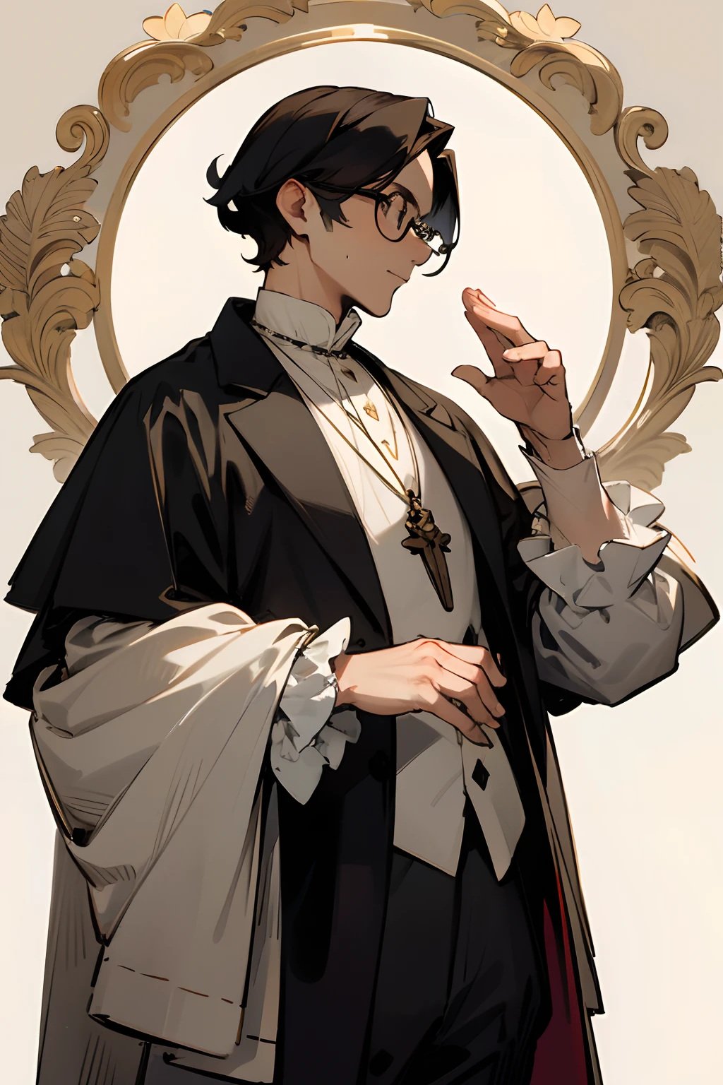A man in an 18th century priest's outfit, with round black framed glasses.