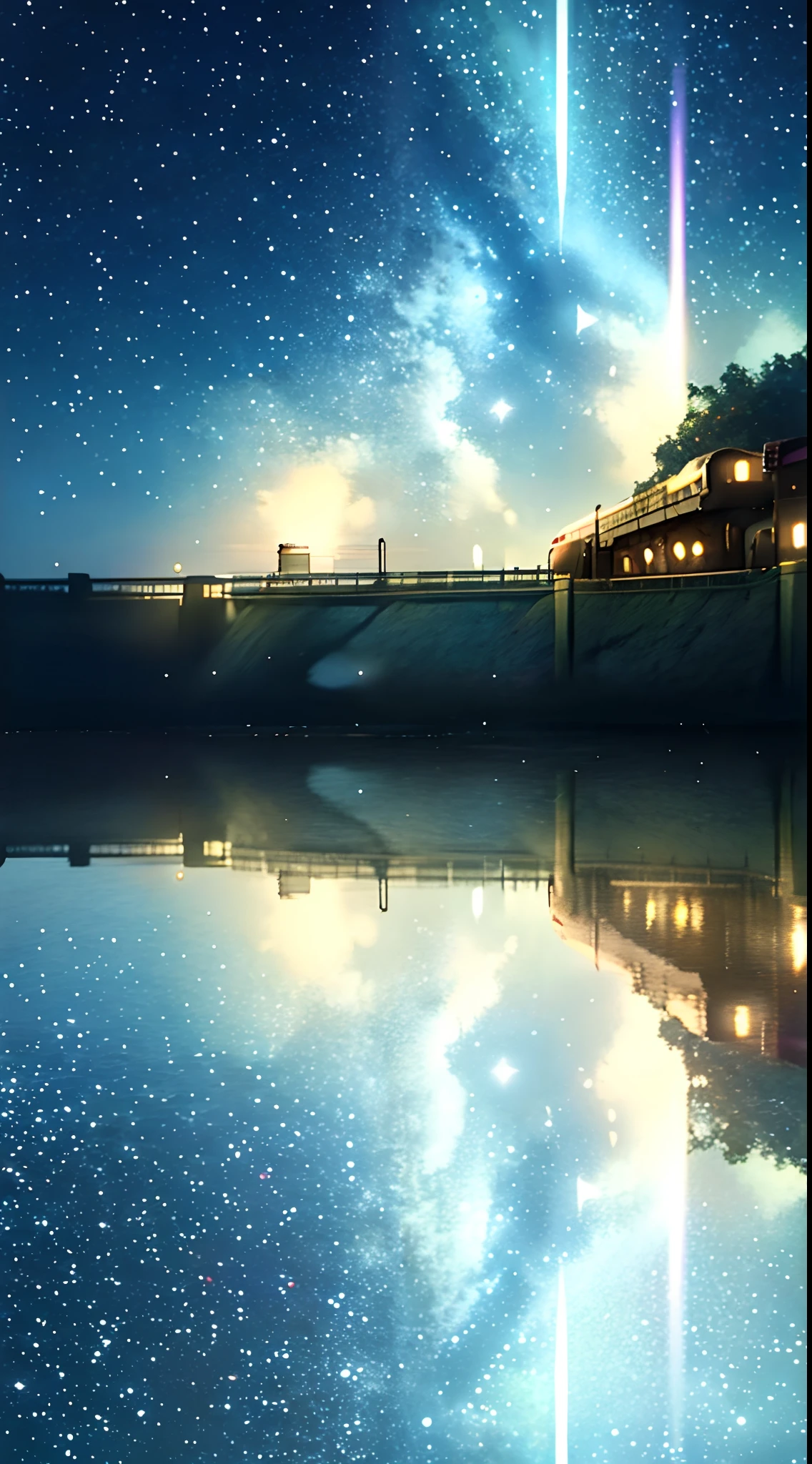 Romantic train，Makoto Shinkai anime，Makoto Shinkai anime art，Walk through the waters，Rainbow after rain，starry sky bright