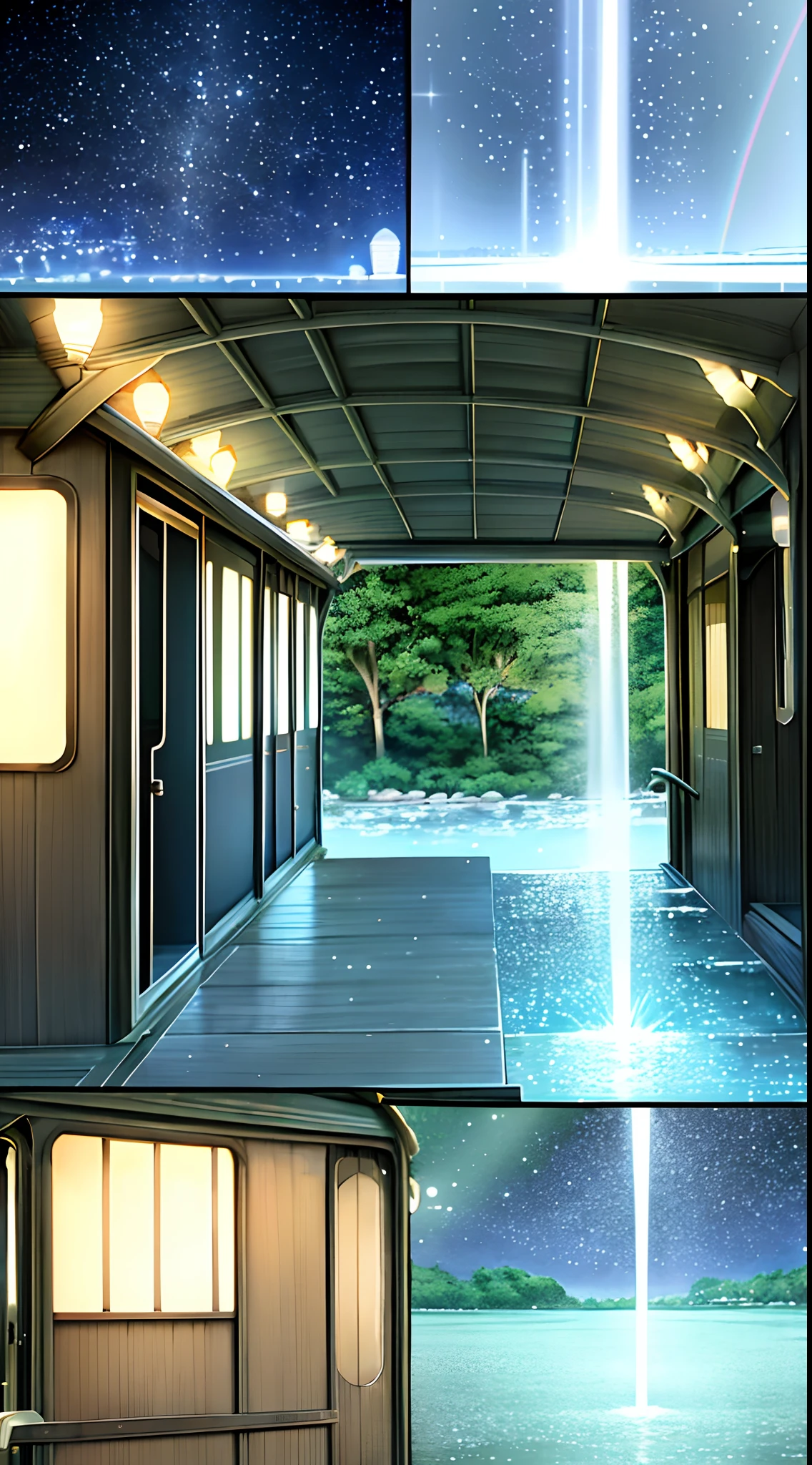 Romantic train，Makoto Shinkai anime，Makoto Shinkai anime art，Walk through the waters，Rainbow after rain，starry sky bright