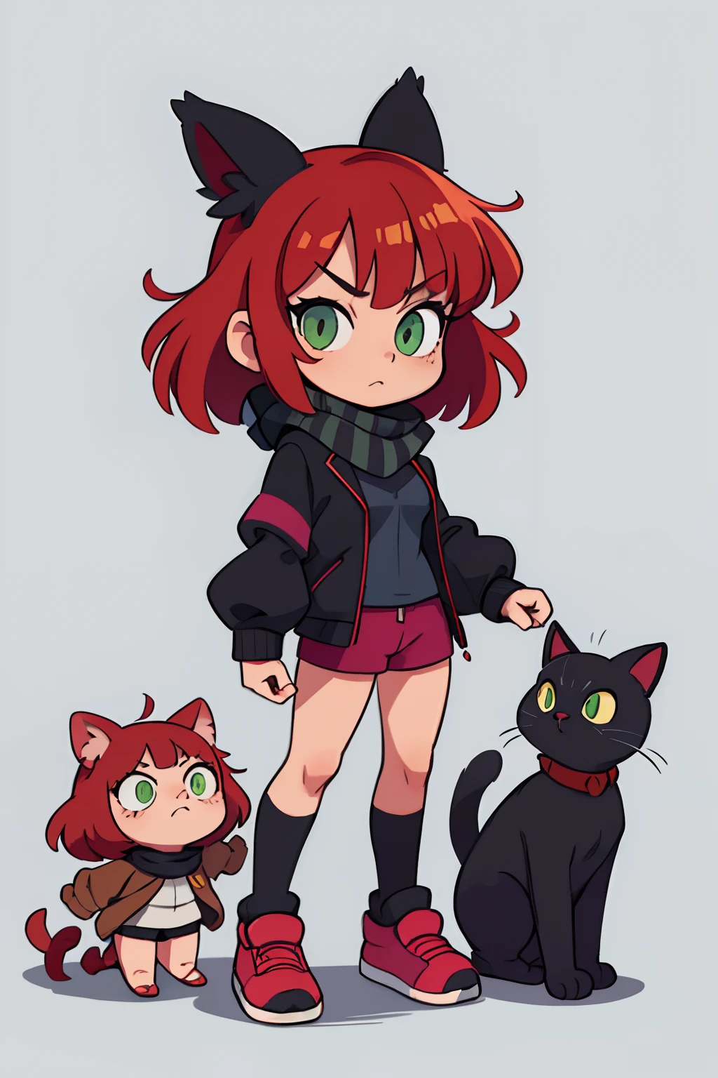 a 1girl, Green eyes, dark red hair, Rassa: Black Cat, black jacket, black scarf with pink stripes,blue shorts, black shoes with koluchki.