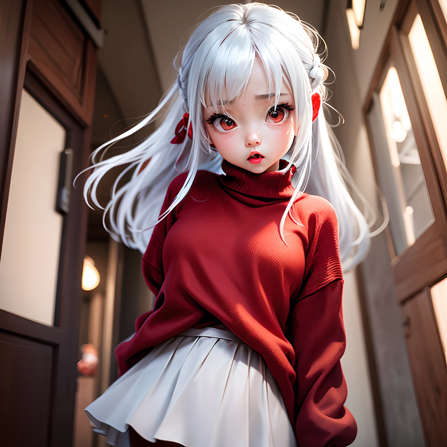 Chibi Cute lady in red sweater and cute white and gray hair frightened