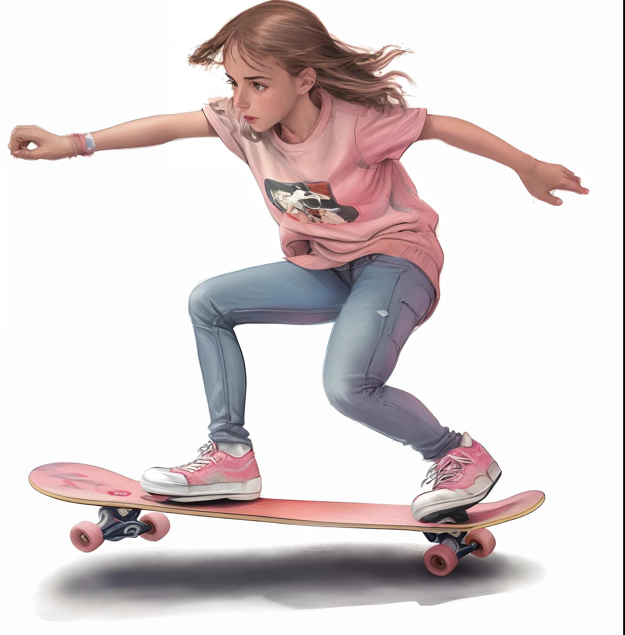 a crayon illustration of a  girl riding a skateboard, by Alex Ross, happy