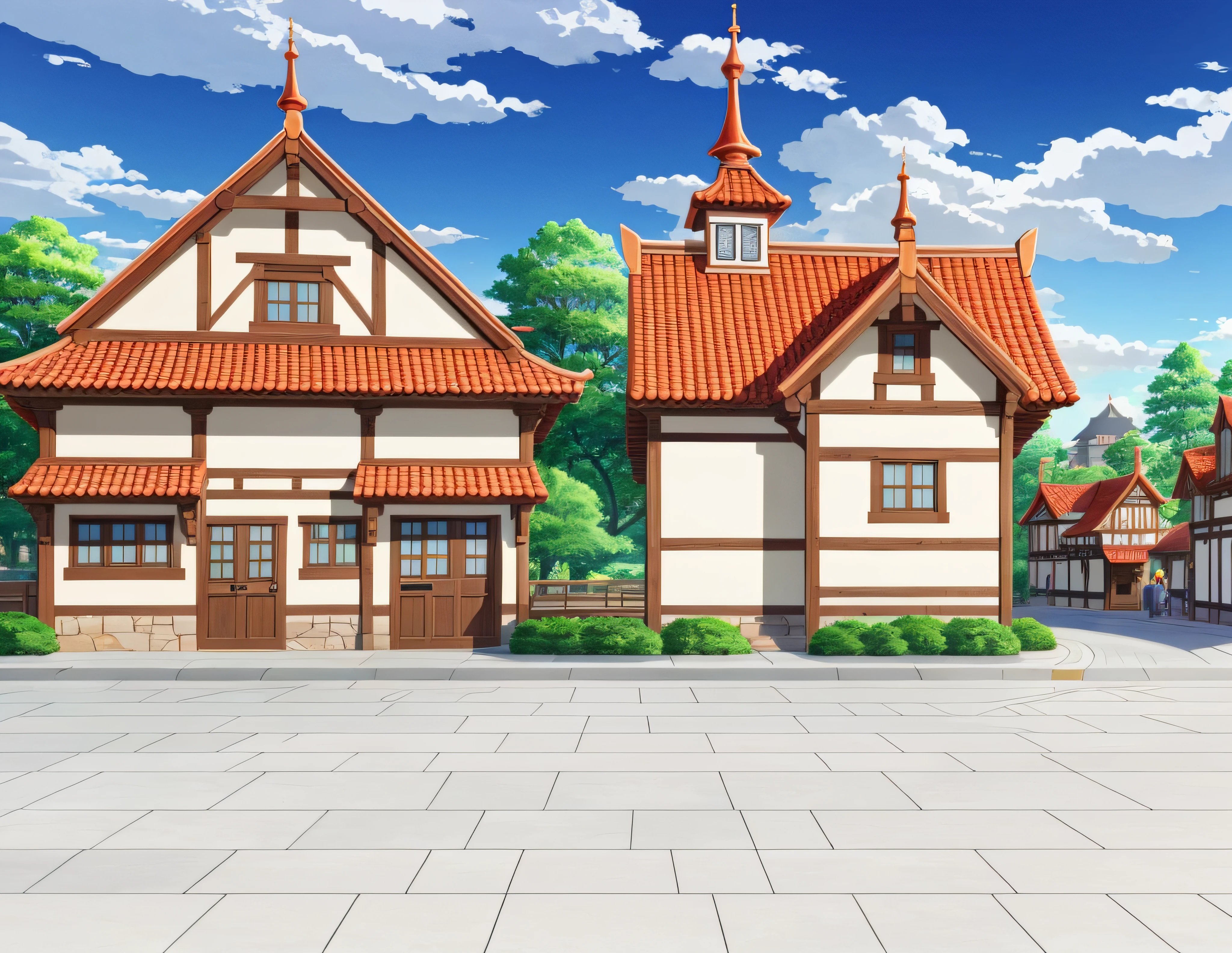 Anime-style architecture,There are benches and benches in front, town center background, town background, tavern background, art style of rune factory 5, town in the background, Anime background art, arte de fundo, distant village background, fundo de casa, anime backgrounds, background hyper detailed, Anime landscape concept art, Some houses in the background, arena background, palace background