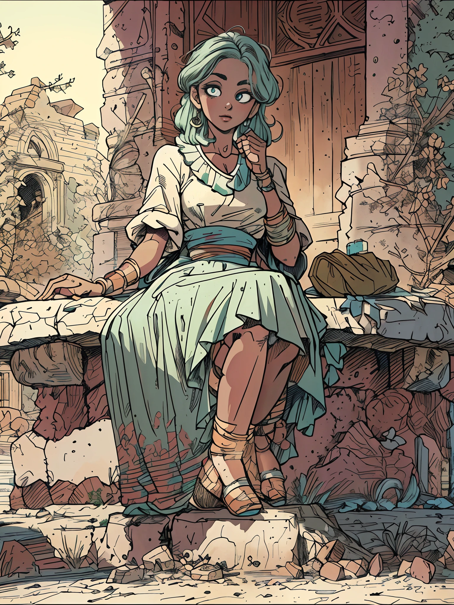 village belle sitting on a stone table, (extremely detailed face and eyes), (mature face), spread legs, , ancient ruins background, beautiful shadow and lighting, retro fashion, muted pastel colors