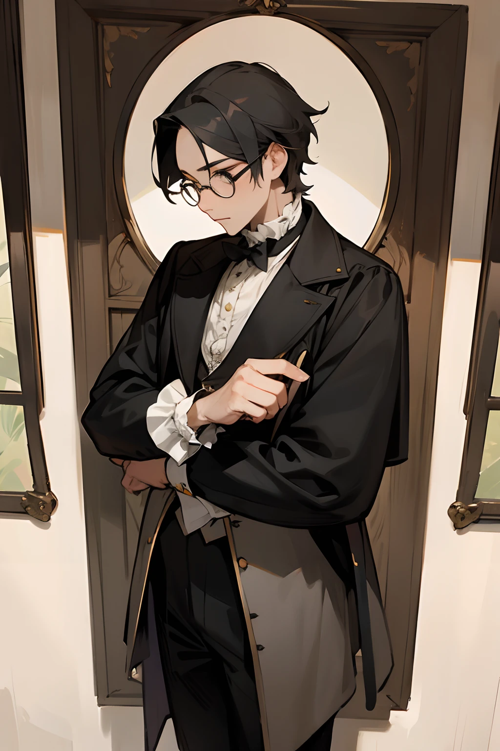 A man in an 18th century magician's outfit, with round black framed glasses.