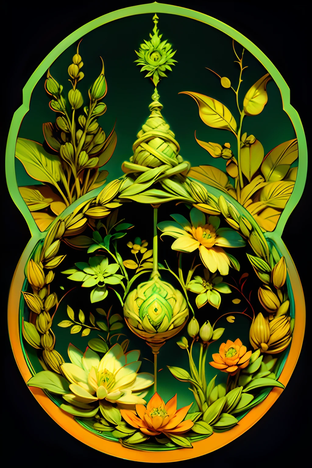 A round ornamental six pointed mandala made of radiating green vegetation, plants, flowers and vines.