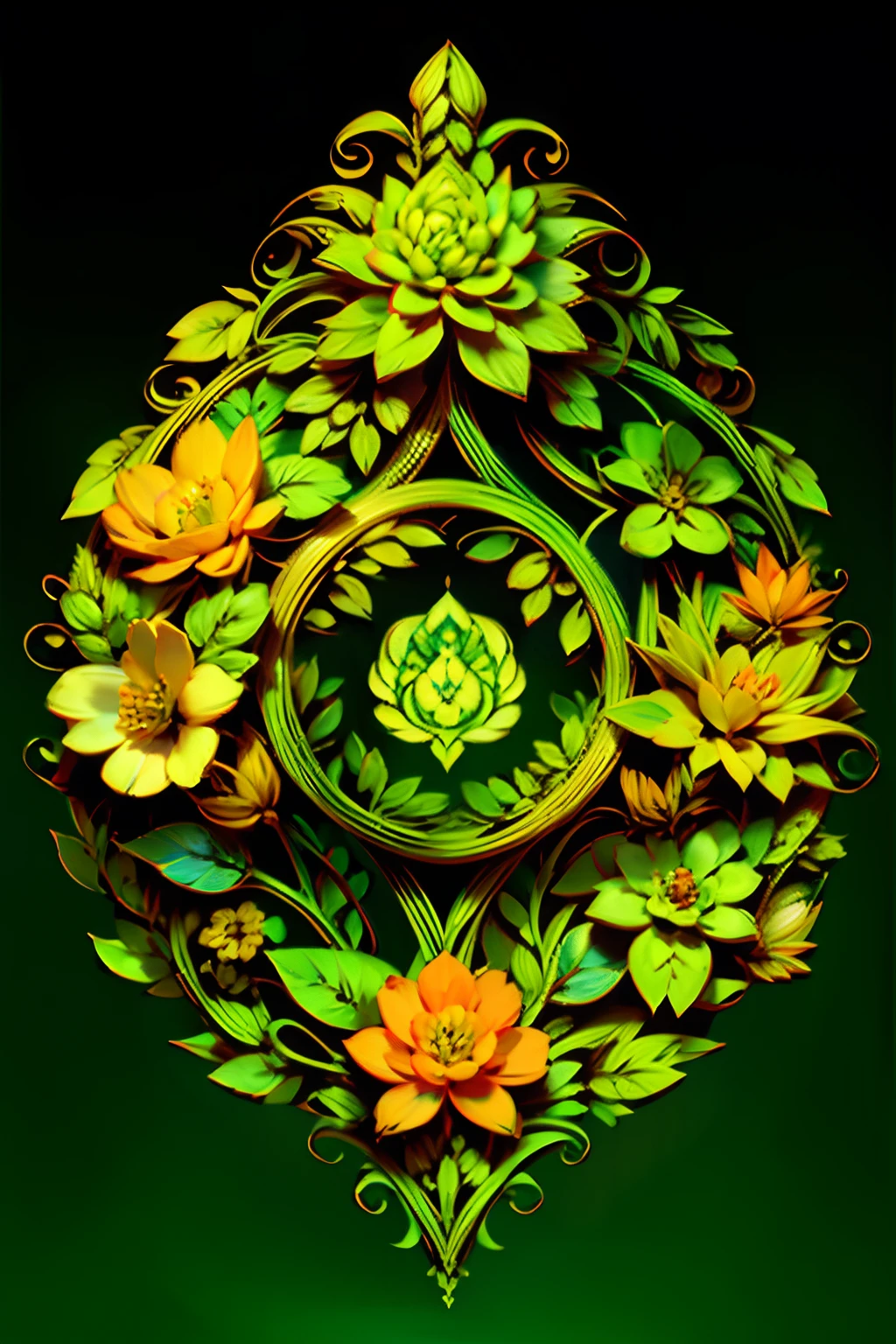 A round ornamental six pointed mandala made of radiating green vegetation, plants, flowers and vines.