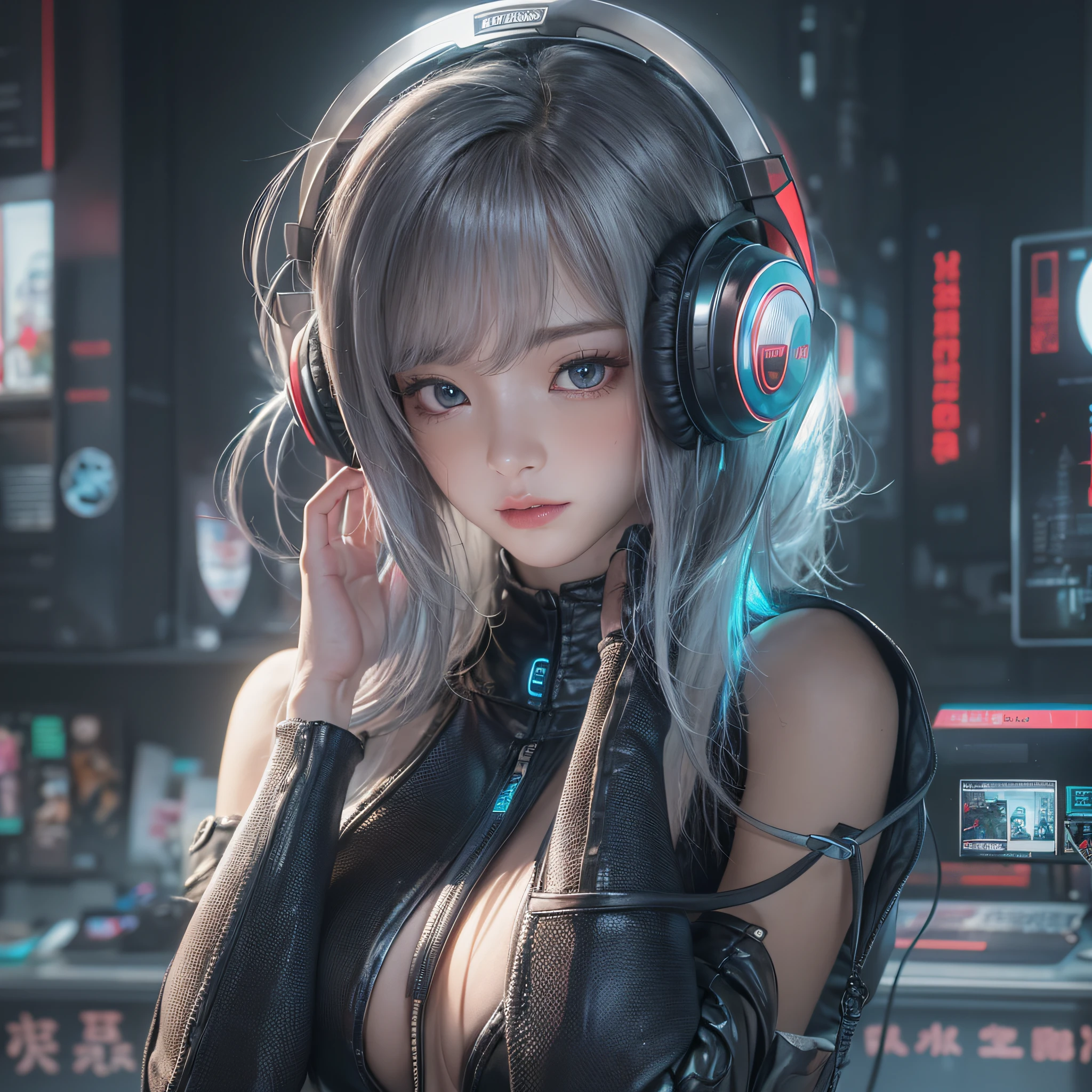 ​masterpiece, 1 beautiful girl, Detailed eye, Swollen eyes, top-quality, 超A high resolution, (reality: 1.4), 电影灯光, japanes, a asian beauty, very extremely beautiful, Beautiful skins, A slender, Forward-facing body, (A hyper-realistic), (hight resolution), (in 8K), (ighly detailed), ( Best Illustration), (beautifully detailed eyes), (ultra-detailliert), 详细的脸, Bright lighting, Professional Lighting、The background is a cyberpunk room with a large number of monitors..、The cord is connected from the costume、Hair color is dull black、short-hair、Headset with microphone