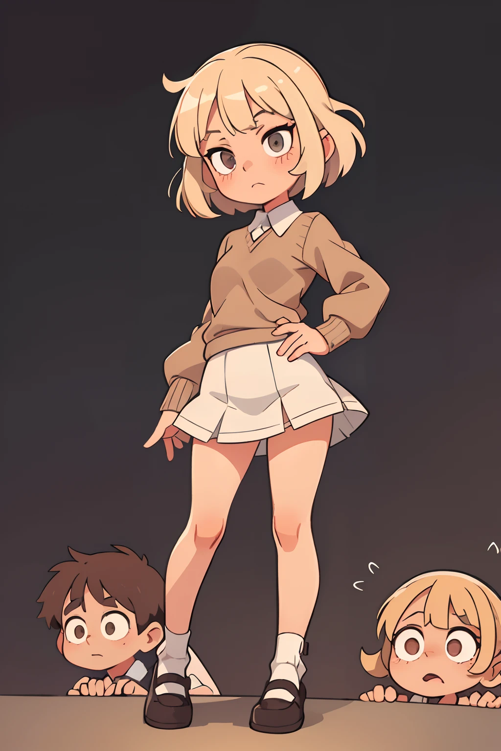 A 10-year-old girl, blonde short fluffy hair, gray eyes, brown sweater over white shirt, plaid skirt, white stockings, black shoes, redness on the face, hands on breast, against the background of an elementary school with children, going inside