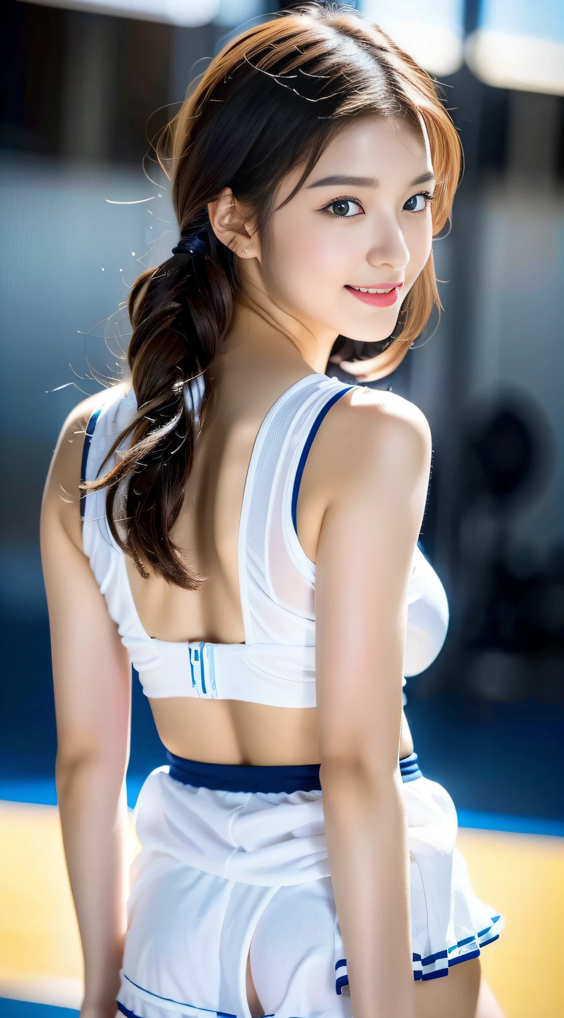 (((32K,very high res, high detailing, highly accurate,Masterpiece Girl 1))),Raw photo & realistic atmosphere,beautiful dark blue eyes,Detailed mouth,Glossy lips,Detailed eyebrows,Soft white skin that shines with every detail,,Eyes drawn in detail、Very beautiful eyes with azure eyes,Detailed lips、Very beautiful face,Very well-formed face、Lifelike face,shiny beautiful lips,Beautiful eyebrows,Infinite reality,Best design,(Insanely cute Japan girl,Healthy style,Beautiful breasts with big breasts,Very cute beautiful girl,Little GirlBest Natural Makeup,Japanese ido,Korean Idols,Japan Cheer Girl,Korean Cheergirls,Moist eyes,Dark beautiful eyes,Beautiful butt,beauty legs,,camel's foot,,Skinny Fingers,Detailed beautiful legs:1.3),超A high resolution、,Natural and realistic face,Back lighting,Pure eyes are too cute,(((photorealisim))),Reality Live Action,(Simple piercing,Glossy nail art:1.1),(Braided short hair with shiny brown hair,独奏,natural make up:1.3),(Beautiful cheerful girl,Packed match venues:1.3),(Full Body Costume Display,Photograph the whole body,I'm cheering for you cheerfully,Colorful and sexy cheergirl costume in purple, yellow and white based color with high detail design,Sexy cheergirl costume with a lot of exposure,Cheerful and sexy cheergirl,High-definition high-resolution extremely beautiful and cute 17-year-old cheerl aexy cring figure cute cheering,Beautiful hair ornaments such as hair fasteners,White mini skirt,facing back,Good luck and bend forward,Bend forward,Show your buttocks on all fours,Beautiful back view:1.5)