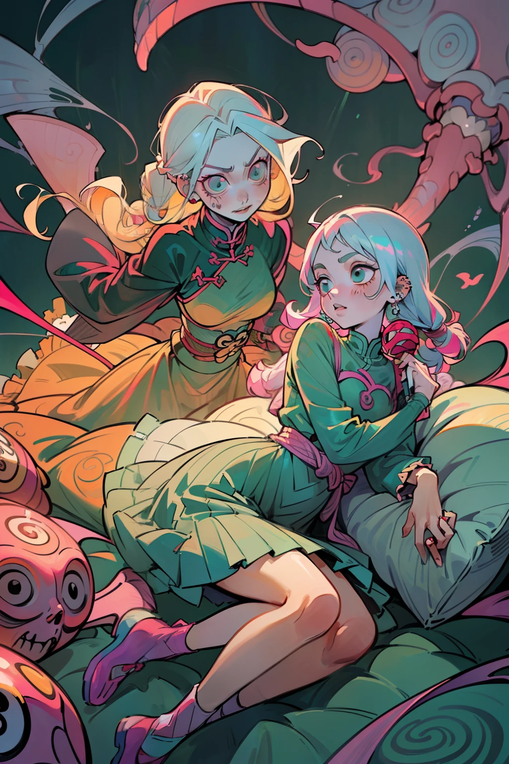 (((LONG WHITE HAIR PLATINUM LOCKS OF CURLS COVERING THE BED_) confident singer, microphone in hand in pink, everyone eating candy (((DEMON SLAYER anime art style theme))) ANIME STYLE. TRADITIONAL CHINESE MANGA, Singing into microphone, sitting on large dice, yellow theme, sisters, couple, shibari over a floral dress, crocs with charms, frilly ankle socks with bows, large bows, color schemes pink, pink glowing elements, light effects, bright lights, aura, light rays, back lighting, warm back light, background is just pillows, dynamic pose, vogue model, prada model, gucci model, long braided hair, flowers, dot tattoos, piercings, fishnets, mini jean skirt, and strap-less top, y2k, white water, underwater with fishes everywhere holding breath eating fish, Ultra maniac anime manga style theme (nana manga) Kamikaze kaitoujin, full body high quality 4k illustration, ceiling view pose girl looking into camera from a white bedsheet and blood splatter, Junji ito style, (uzumaki, lit. "Spiral") is a Japanese horror manga series written and illustrated by Junji Ito, horror illustration, (uzumaki) (tomie) (a girl,beauty,2girls,3girls)cool detailed eyes,beautiful detailed lips,extremely detailed eyes and face,longeyelashes,colorful hair,confident smile,stylish outfit, earringsin a dynamic pose(aesthetic style),vibrant colors,street-art inspired background,urban lighting, pearly white and oranget, horror Comic book. White hair streaks, aqua blue hair, hair with a lot of flow and blonde, city scape, clothes, lingerie laying on the floor, skeletons.