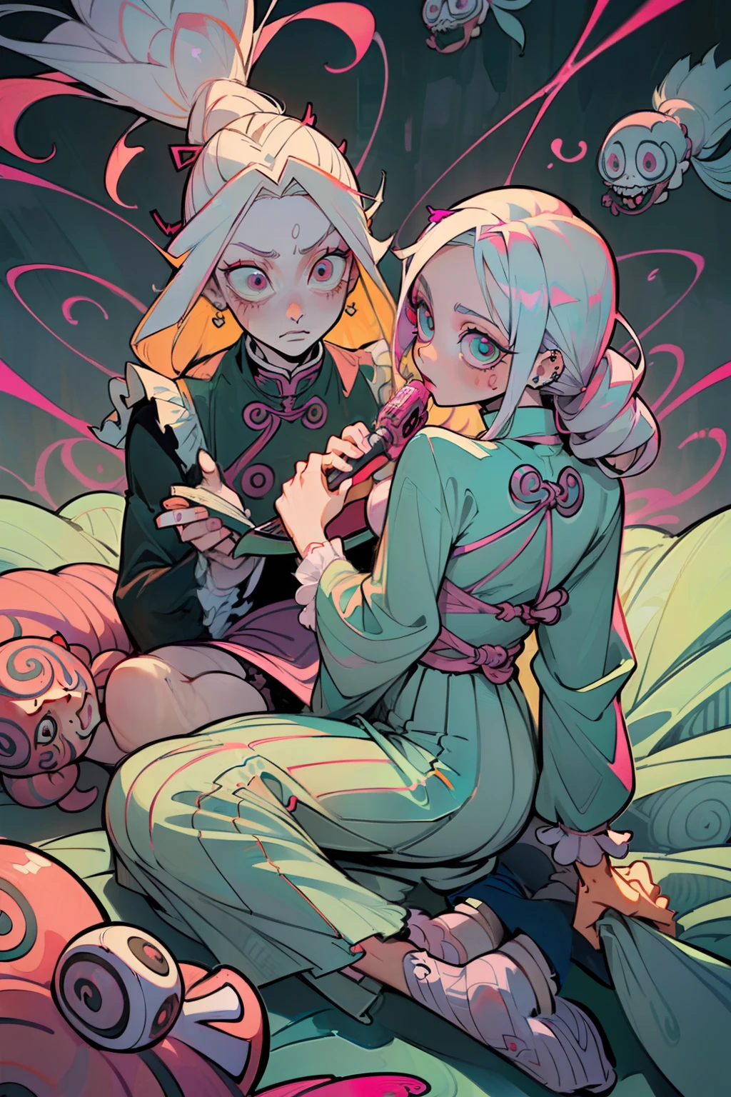 (((LONG WHITE HAIR PLATINUM LOCKS OF CURLS COVERING THE BED_) confident singer, microphone in hand in pink, everyone eating candy (((DEMON SLAYER anime art style theme))) ANIME STYLE. TRADITIONAL CHINESE MANGA, Singing into microphone, sitting on large dice, yellow theme, sisters, couple, shibari over a floral dress, crocs with charms, frilly ankle socks with bows, large bows, color schemes pink, pink glowing elements, light effects, bright lights, aura, light rays, back lighting, warm back light, background is just pillows, dynamic pose, vogue model, prada model, gucci model, long braided hair, flowers, dot tattoos, piercings, fishnets, mini jean skirt, and strap-less top, y2k, white water, underwater with fishes everywhere holding breath eating fish, Ultra maniac anime manga style theme (nana manga) Kamikaze kaitoujin, full body high quality 4k illustration, ceiling view pose girl looking into camera from a white bedsheet and blood splatter, Junji ito style, (uzumaki, lit. "Spiral") is a Japanese horror manga series written and illustrated by Junji Ito, horror illustration, (uzumaki) (tomie) (a girl,beauty,2girls,3girls)cool detailed eyes,beautiful detailed lips,extremely detailed eyes and face,longeyelashes,colorful hair,confident smile,stylish outfit, earringsin a dynamic pose(aesthetic style),vibrant colors,street-art inspired background,urban lighting, pearly white and oranget, horror Comic book. White hair streaks, aqua blue hair, hair with a lot of flow and blonde, city scape, clothes, lingerie laying on the floor, skeletons.