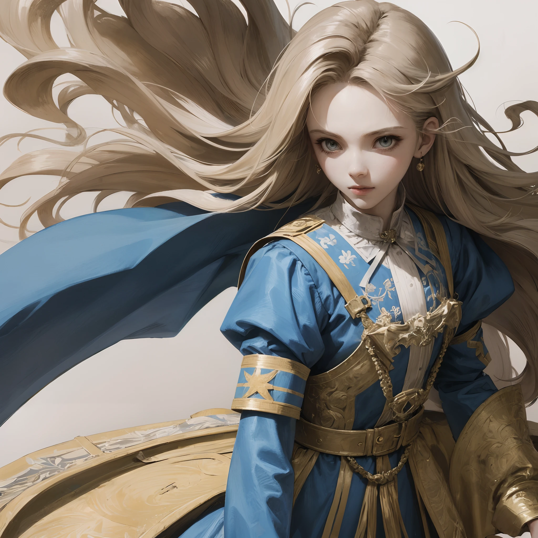 masterpiece, super fine illustration, extremely detailed, 1girl, flat background, full body, standing, extremely detailed face and eyes, 、The girl、Hair length to shoulder、straight hair of white-gold color、Wearing a blue dress、wearing cloak、She's a medic 、She's an adventurer、 Her age is 17、 --auto