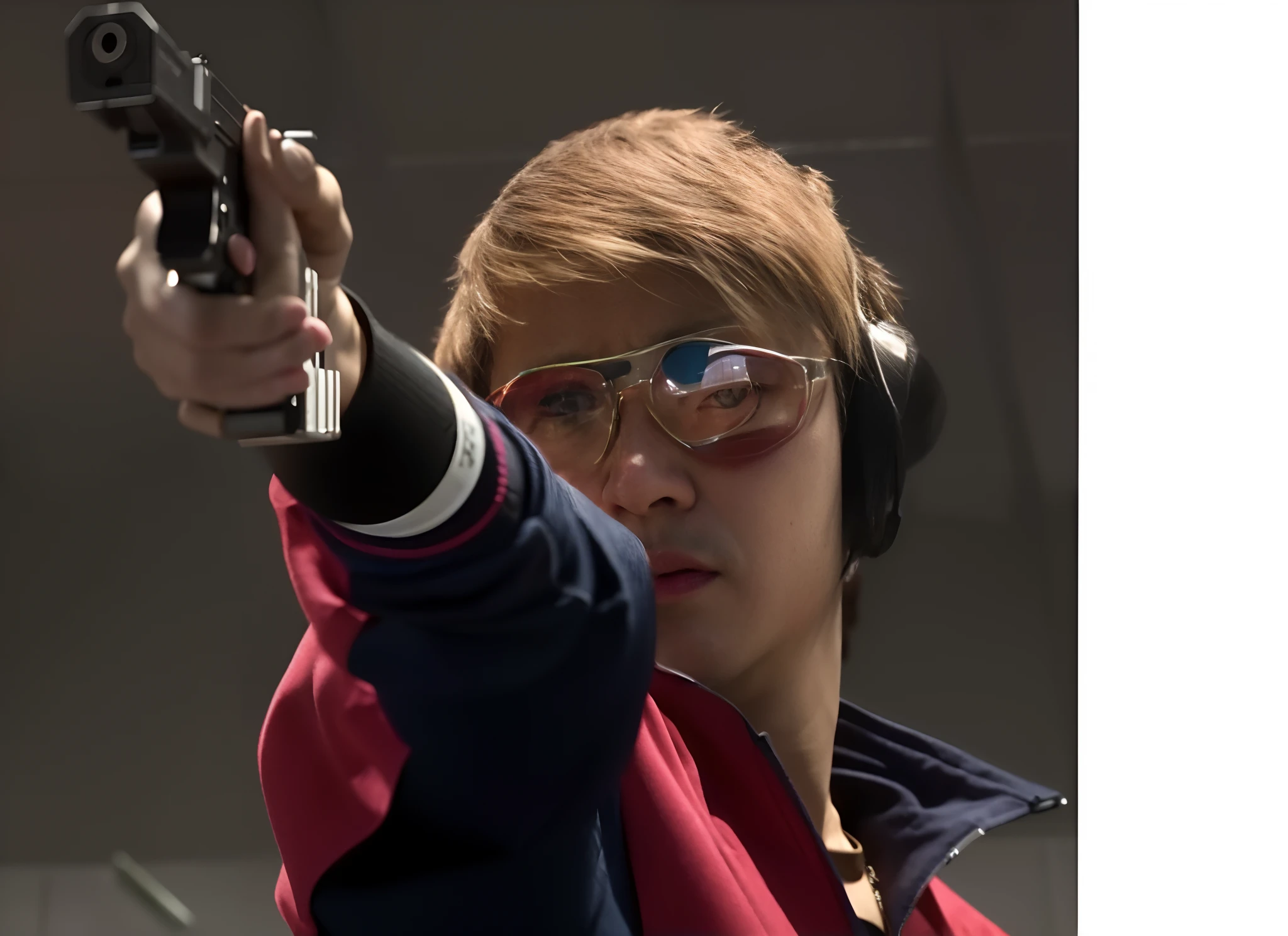 um close up de uma pessoa segurando uma arma cyberpunk com um oculos fpv de guerra ukraniano Ando Tadao, Yukito Kishiro, Takumi Fujiwara, Joongwon Carlos Jeong, com pistola, yukio - e, Hsiao-Rony, Ito Masahiro, Daisuke Tsutsumi, Mao Hamaguchi, Norihiro Yagi, Takahashi Macoto cyberpunk arm, Cyberhand cannon, Laser vision in hand eyes with a red flash