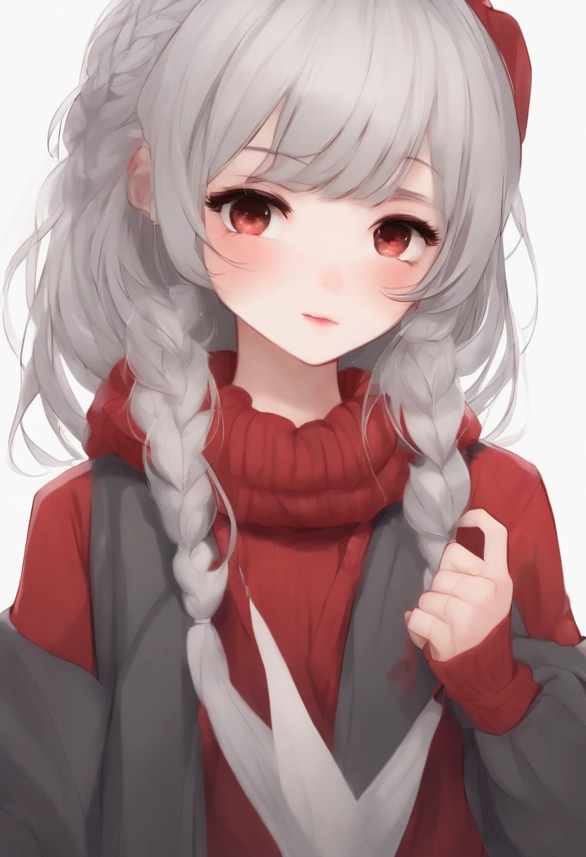 Jolly Chibi Girl with red sweater and white and gray hair