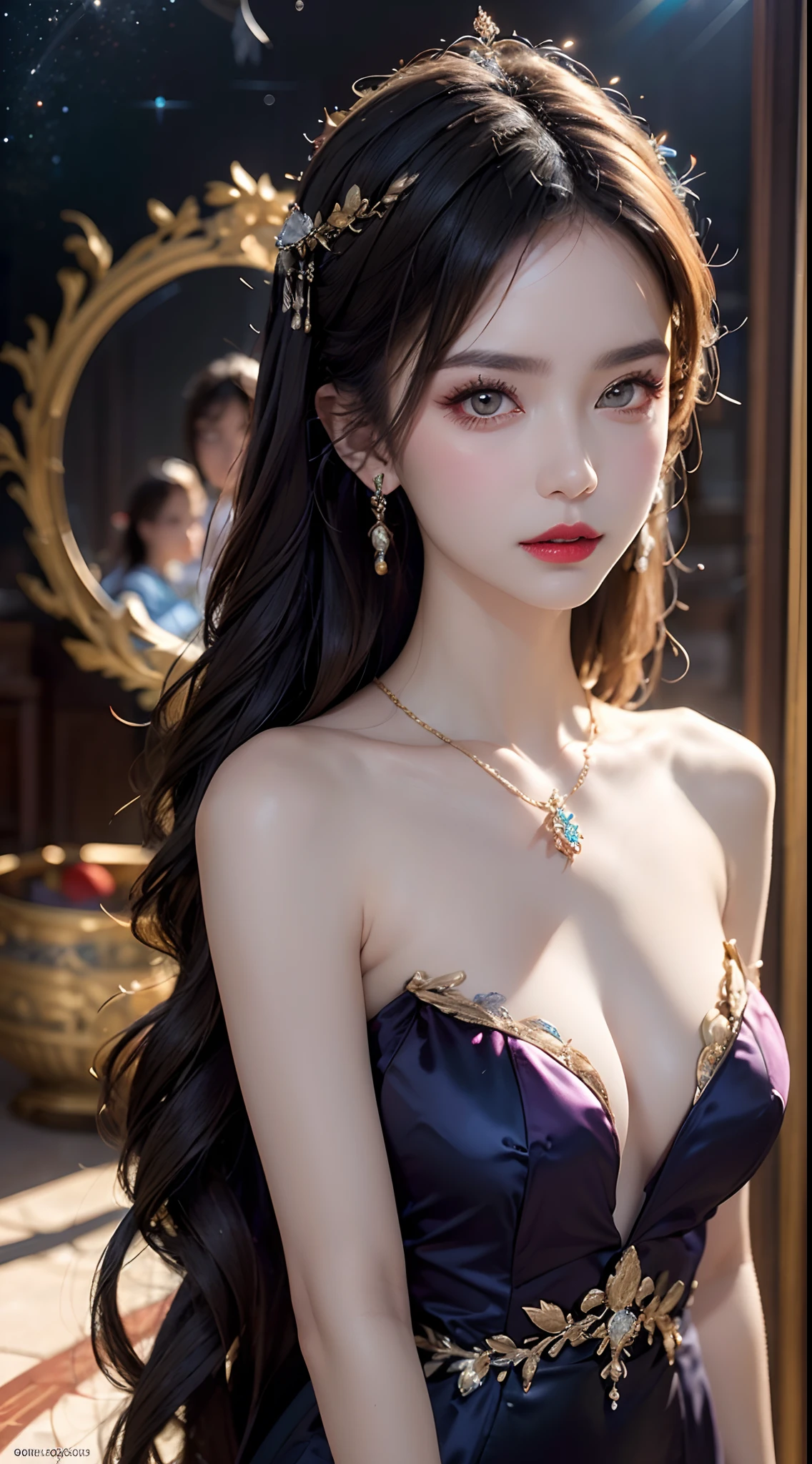 Goddess from the future, wearing a thin silk dress, colorful thin silk dress with sexy white and black lace trim, aura vibrant purple-pink zodiac, the stars have the shapes of the 12 zodiac, zodiac ♏, royal zodiac style, dark and mysterious version, Full breasts, big and round breasts, well-proportioned and beautiful red lips, character by karol bak and pino daeni, intricate details, detailed background, many background objects, extremely detailed, magic light, a woman, long hair dyed in seven colors and neatly tied up, mold the face is clearly drawn without scars, the face is beautiful and the eyes are proportionate, the red lips are pretty and attractive, the eyes are big and round and the makeup is very beautiful and detailed, far focus, thin silk dress ,page hair jewelry, neck jewelry, dress jewelry, arm and thigh jewelry, goddess leg jewelry, mystic jewelry, body portrait, drooping arms, sexy zodiac goddess and charm, (background space: 1.8), (galaxy: 1.7), aurora, lightning, (aurora background: 1.8 ), beautiful eyes, beautiful eyes photo, beautiful goddess and flowers,