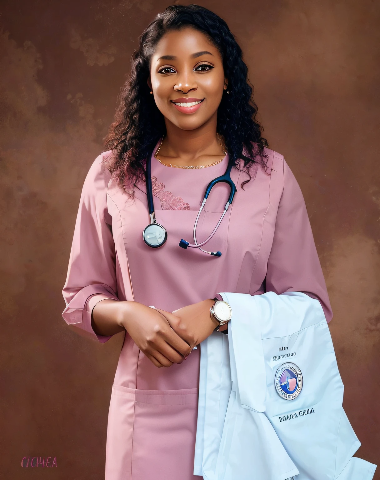 arafed woman in a pink dress with a stethoscope and a white shirt, by Chinwe Chukwuogo-Roy, medical doctor, doctor, inspired by Chinwe Chukwuogo-Roy, wearing lab coat and a blouse, amazing professional picture, with a stethoscope, medical photography, head and shoulders photography, surgical gown and scrubs on