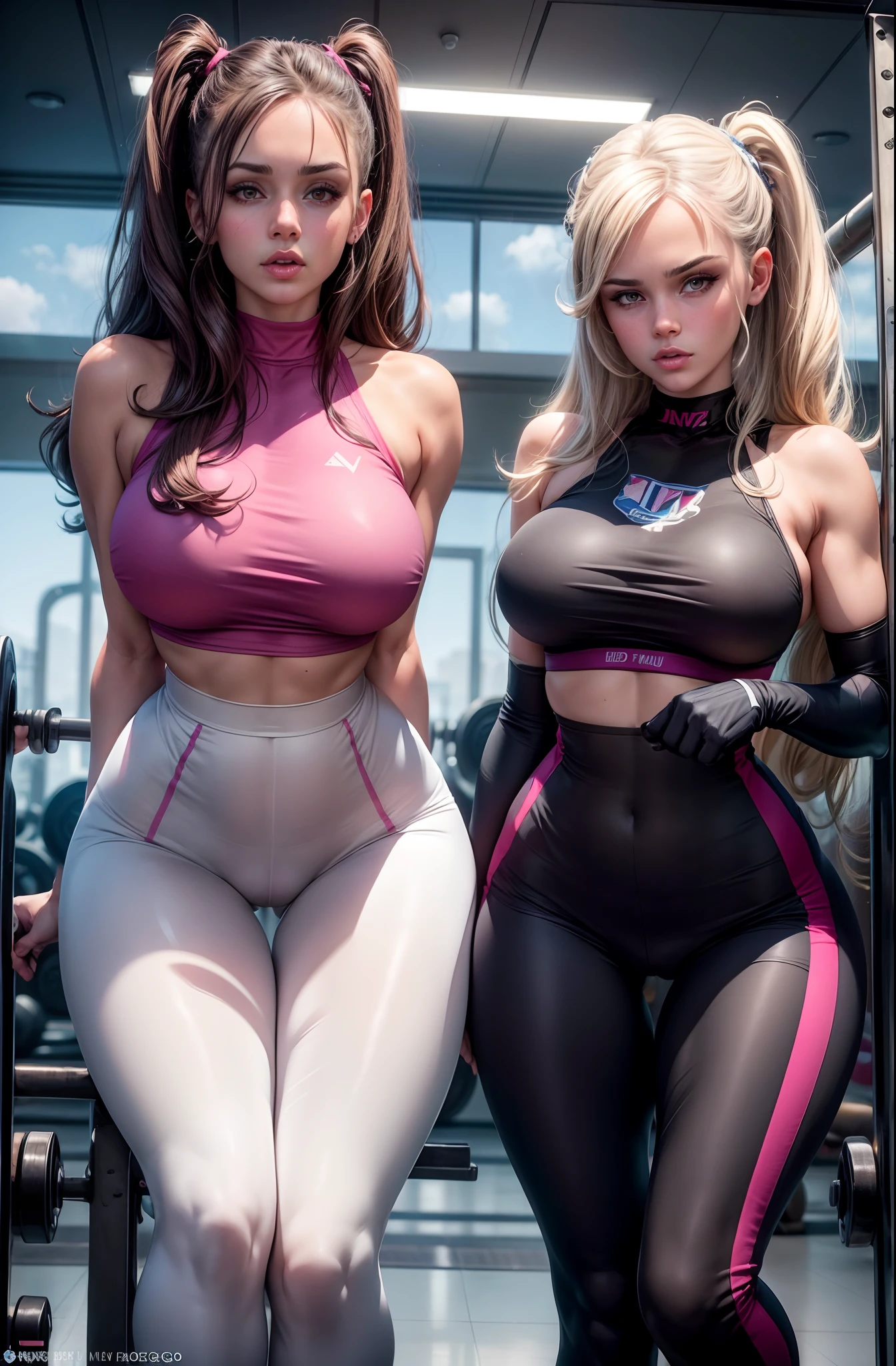 Pov: You are seeing Lana Rhoades and Mia Malkova BIG ASSES in leggings at the gym, ((Puppy position)), (((flaco))), (((delgado grueso))), 8k