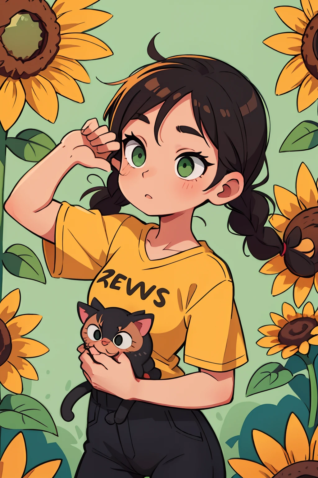 Girl photographer, In the hands of a photooparat, hairsh, braided in pigtails,, hair color: Brown, Green eyes, Against the background of sunflowers, in a T-shirt with cats, black pants