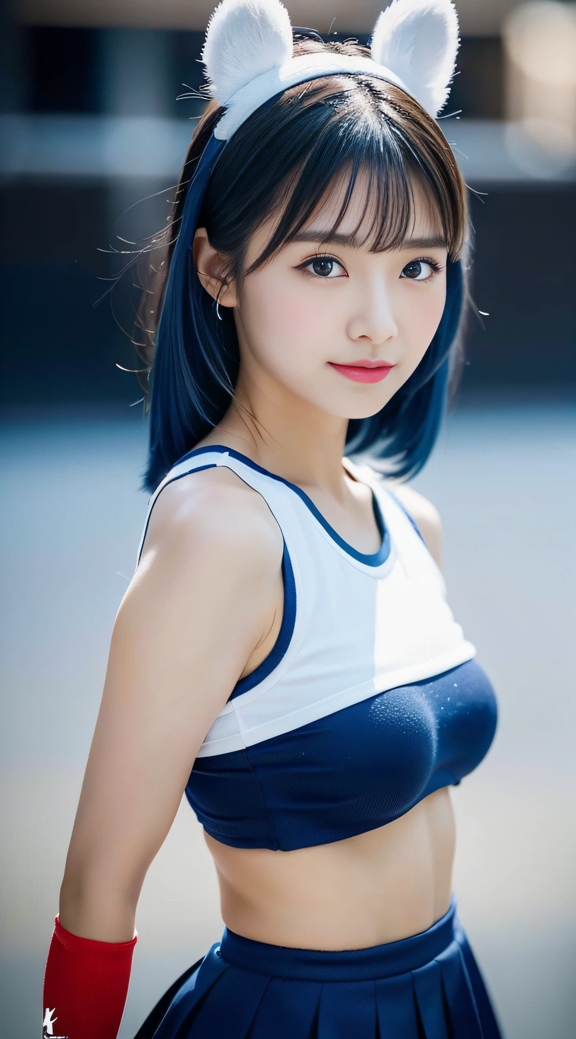 (((32K,very high res, high detailing, highly accurate,Masterpiece Girl 1))),Raw photo & realistic atmosphere,beautiful dark blue eyes,Detailed mouth,Glossy lips,Detailed eyebrows,Soft white skin that shines with every detail,,Eyes drawn in detail、Very beautiful eyes with azure eyes,Detailed lips、Very beautiful face,Very well-formed face、Lifelike face,shiny beautiful lips,Beautiful eyebrows,Infinite reality,Best design,（Insanely cute Japan  girl,Healthy style,Beautiful breasts with big breasts,Very cute beautiful girl,Little GirlBest Natural Makeup,Japanese ido,Korean Idols,Japan Cheer Girl,Korean Cheergirls,Moist eyes,Dark beautiful eyes,Beautiful butt,beauty legs,,camel's foot,,Skinny Fingers,Detailed beautiful legs：1.3),超A high resolution、,Natural and realistic face,Back lighting,Pure eyes are too cute,(((photorealisim))),Reality Live Action,（Simple piercing,Glossy nail art：1.1）,（Short hair with shiny blue hair,Horizontal braiding,独奏,natural make up：1.3）,（Beautiful cheerful girl,Packed match venues：1.3）,（Full Body Costume Display,Photograph the whole body,I'm cheering for you cheerfully,Colorful and sexy cheergirl costume in silver and black and white tones with high detail design,Sexy cheergirl costume with a lot of exposure,Cheerful and sexy cheergirl,High-definition high-resolution extremely beautiful and cute 17-year-old cheerl aexy cring figure cute cheering,hair pin,hair adornments,hairaccessories,Navel piercing,micromini skirt,facing back,Good luck and bend forward,Bend forward,Show your buttocks on all fours,Beautiful back view：1.5）