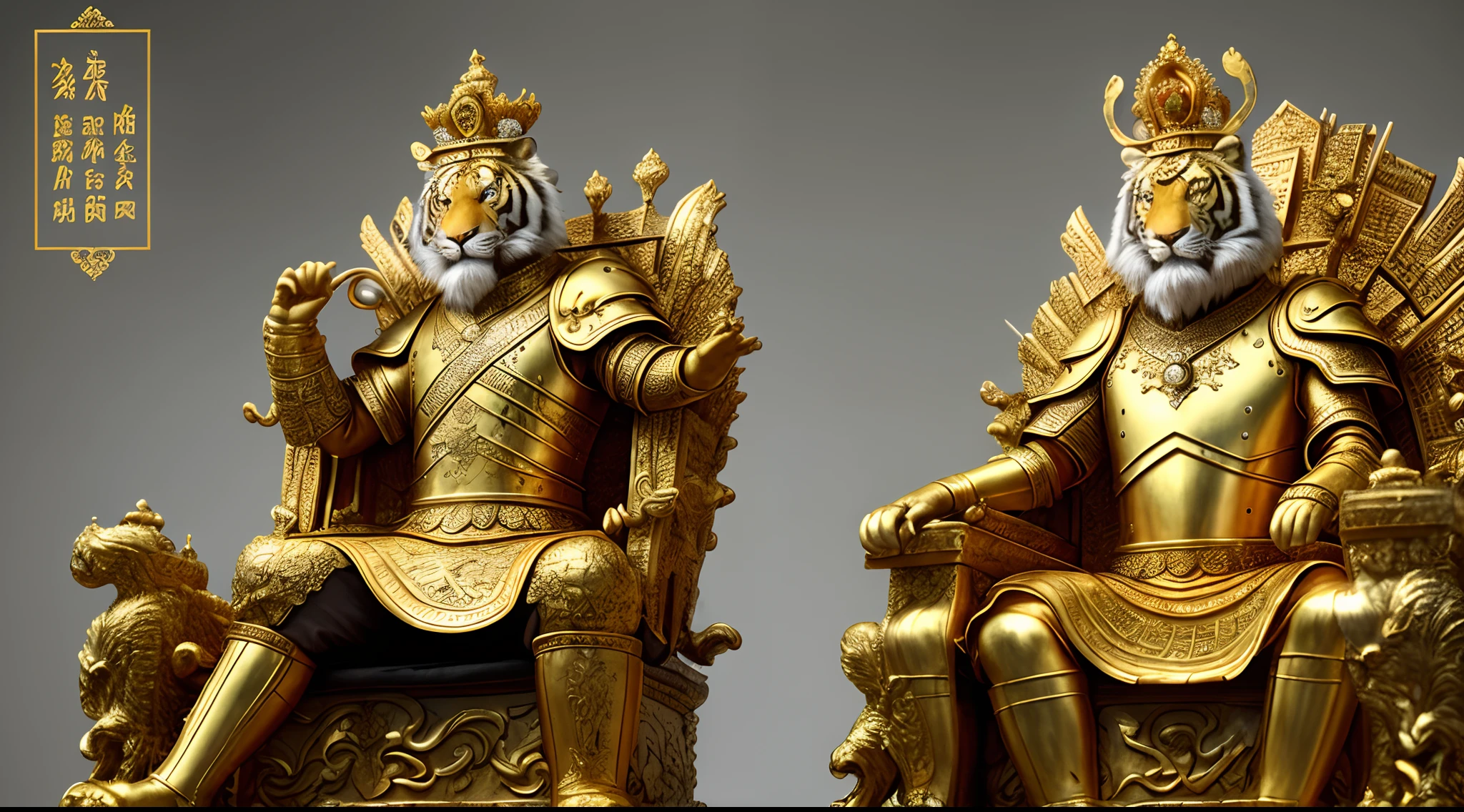 1.The Tiger King sitting on the throne in the heart of Grasse,The throne is a very damp place full of puddles and leaks,splendid,Be intimidating,ornate armour,A palatial crown,vague background,natural lightting,Short hair with double ponytail,looking_at_viewer,独奏,Highly detailed 8K