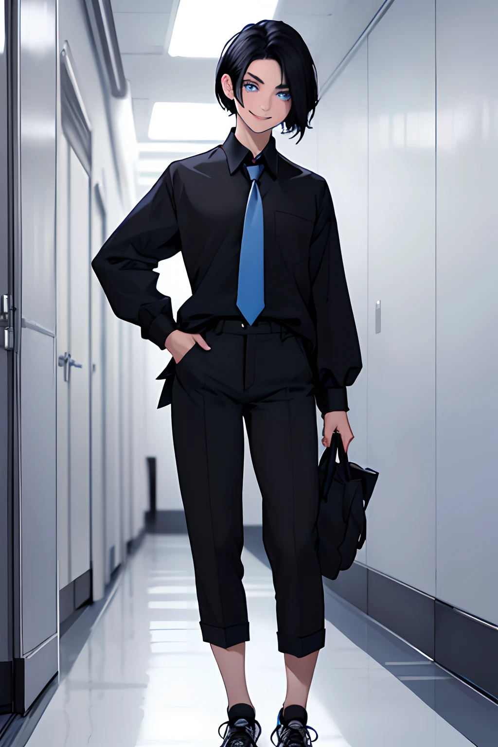 Young feminine girl with short black hair with a parting in the middle, with blue eyes, scar on the nose, Painted eyelashes, Pale, Skinny, In a black shirt with a blue tie, pants and black sneakers, Standing in the school hallway, Smiling;