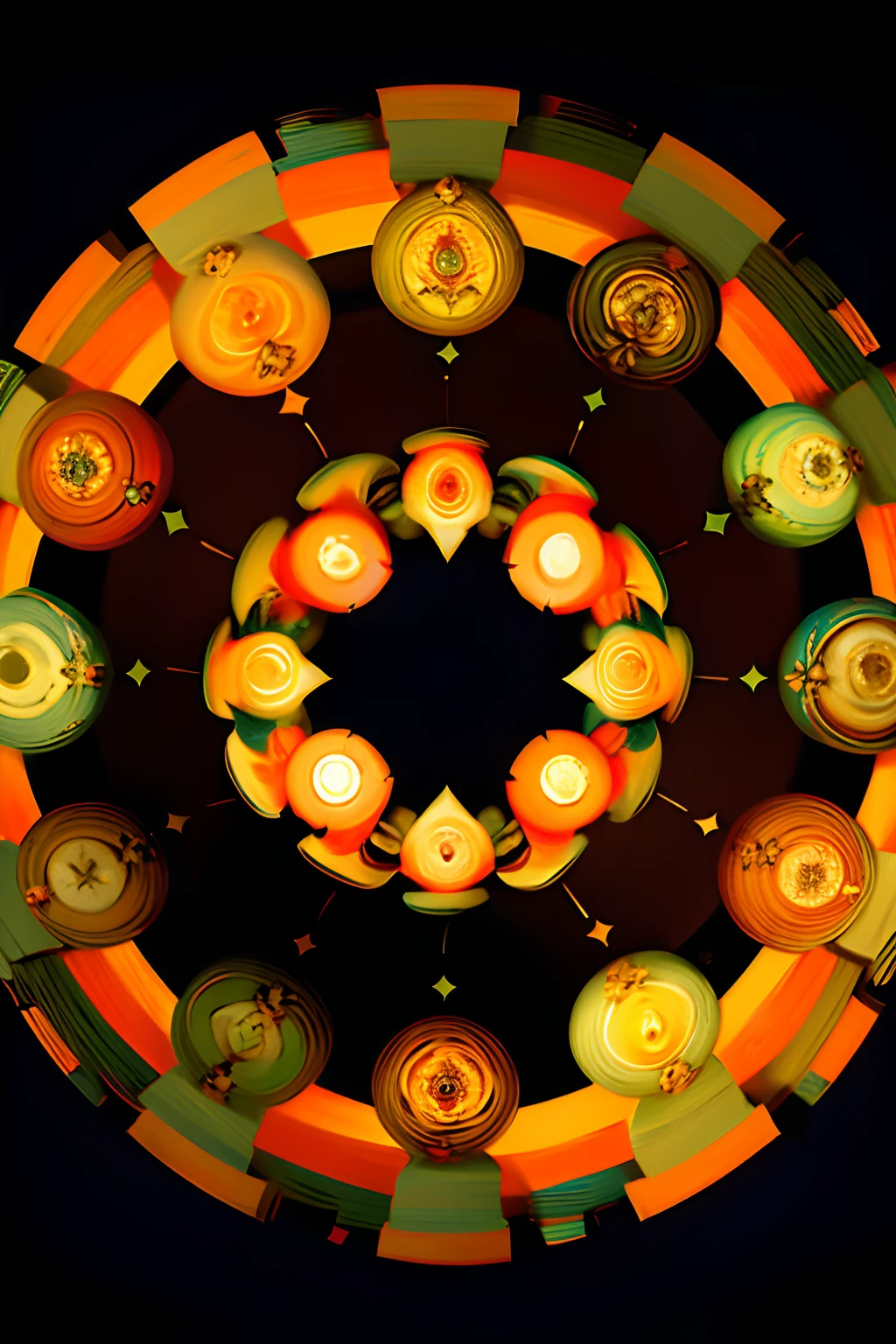 A round ornamental eight pointed mandala made of fire and flames surrounded by stone.