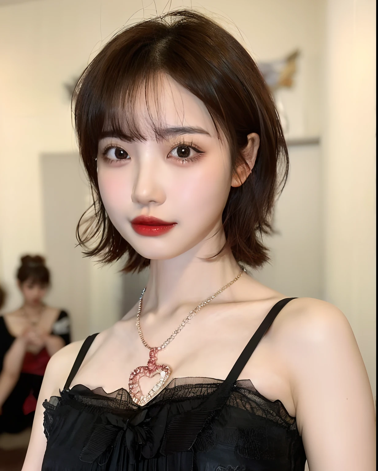 araffe woman with a necklace and a necklace with a heart, sun yunjoo, with short hair, heonhwa choe, portrait of jossi of blackpink, lee ji-eun, lee ji - eun, park ji-min, kim doyoung, shin min jeong, jossi of blackpink, 奈良美智, Best picture quality, masterpiece, ultra high resolution, 8k, cleavage, big boobs, bust detail, hair detail, eye detail, sharp eyes, thin smile, professional lighting