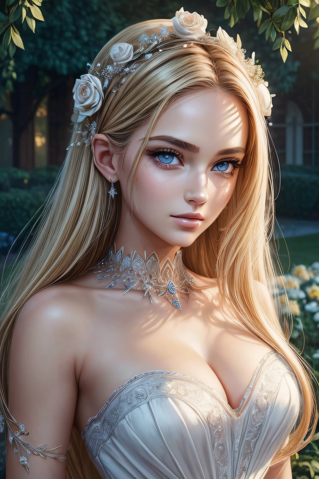 ((high quality, masterpiece:1.4)), 1head, 1girl, sharp focus, The most beautiful rose bush imaginable and an incredibly elegant young woman, superbly hairstyled, spectacularly made up and wearing a dazzlingly fabulous dress. In a dream garden on a magical night, half body (masterpiece) (best quality) hair between eyes, ((blond hair:1.2)), symmetrical face, symmetrical eyes, pretty face, beautiful face, beautiful eyes, beautiful girl, pretty girl, perfect facial shape, realistic proportions, dynamic pose, high details, intricate, intricate details, realistic eyes, realistic eye proportions, 8k realistic lighting, extreme details, realistic pupils, realistic proportion eyes, realistic proportions pupils, realistic shadows, artgerm style, artgerm Garden (cinematic), (( big perfect pupils)), 1girl, (((beautiful detailed face and eyes and hair:1.1))),perfect makeup, symmetrical face, symmetrical eyes, half body, European, masterpiece, perfect face, beautiful face, textured skin, beautiful detailed face, sensual, ((beautiful eyes)), The most beautiful rose bush imaginable and an incredibly elegant young woman, ((perfect face)), beautiful face, superbly hairstyle, spectacularly made up and (wearing a dazzlingly fabulous dress). In a ((dream garden on a magical night)) (masterpiece) (best quality), (8k, best quality, masterpiece:1.2),(best quality:1.0), (ultra highres:1.0), fashion dress, blue dress with Swarovski