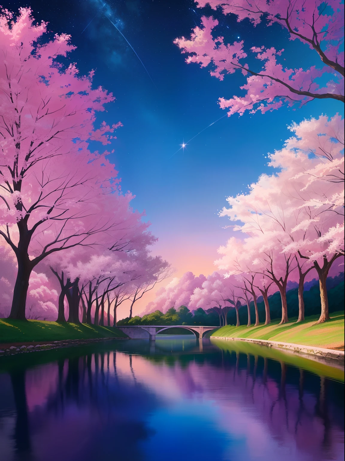 a painting of a lake with trees and a bridge in the background, com lua Clara, starly sky, scenery artwork, noite de outono, scenery art detailed, arte de fundo, arte bonita, arte de fundo do anime, paisagem natural noturna, bela cena detalhada, beautiful artwork, beautiful anime scenery, bela cena de anime, bela arte digital, cena quente e bonita, dream scenery art, anime bela cena de paz, bela arte digital