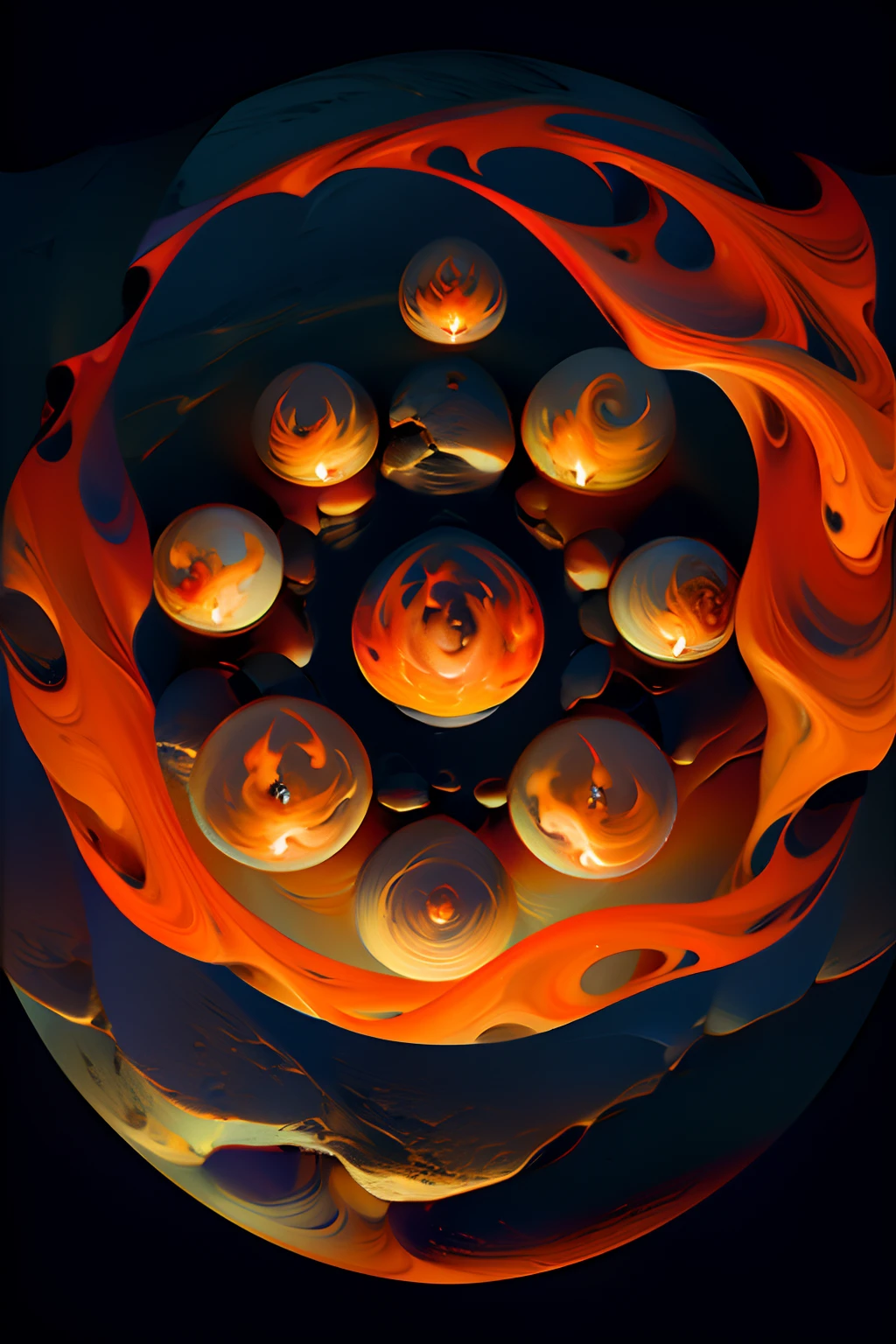 A round ornamental mandala made of fire, flames and a whirlpool of lava, surrounded by stone.