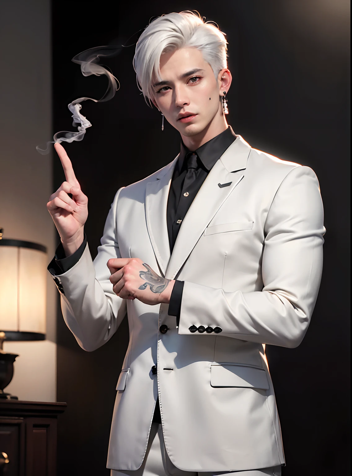 (8k photo, best quality, masterpiece:1.2),(realistic, photo-realistic:1.37) young ,handsome man, Mark Tuan, Got7, white skin, detail face, grey bright eye, white hair, black suit, bad boy, yakuza, tattoo, smoke cigarrate, a lots gangster night town in backdrop, action pose, skull earring, necklage,