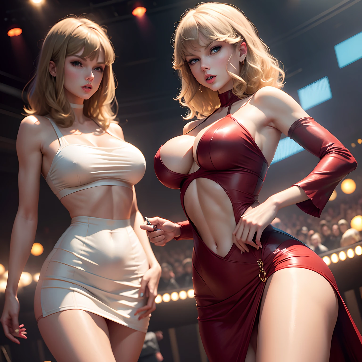 Taylor swift with bigger boobs wearing a tight dress showing her hard abs